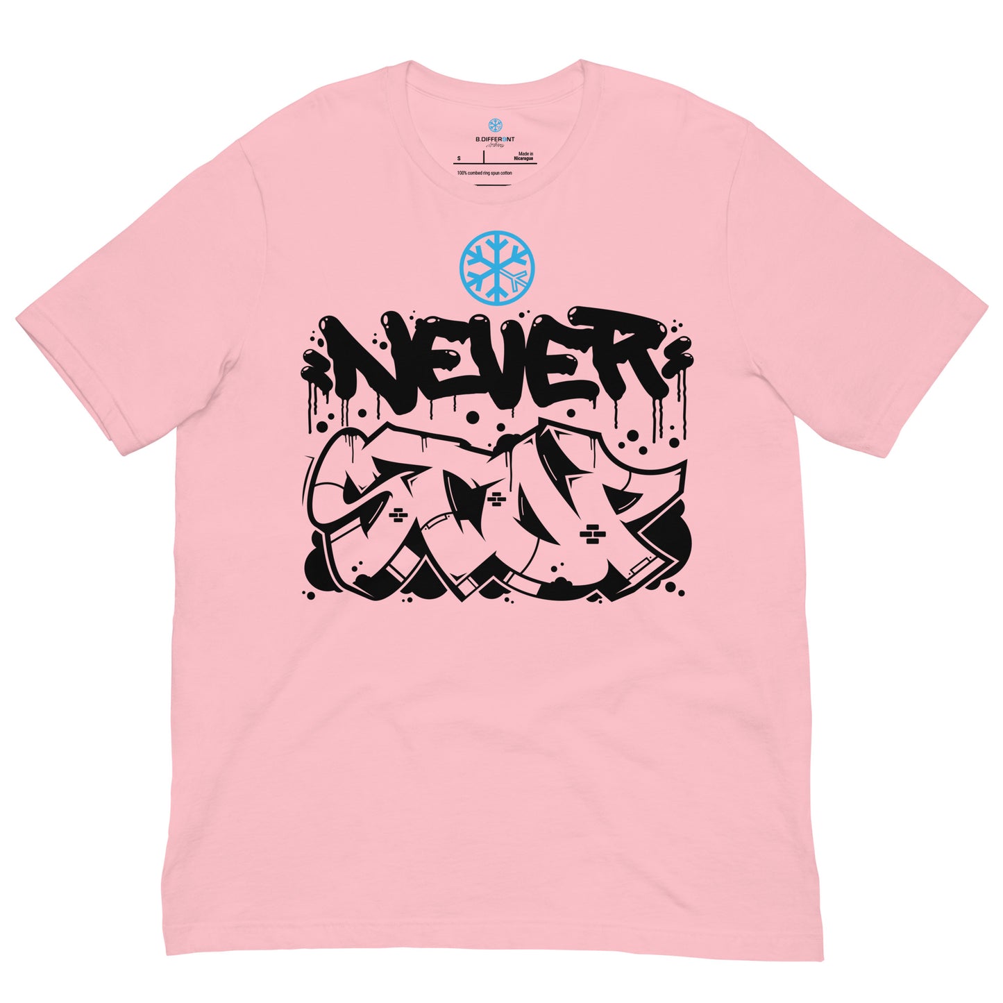Pink-Never Stop Graffiti Piece Tee from B.Different Clothing, front view, graffiti-inspired streetwear t-shirt