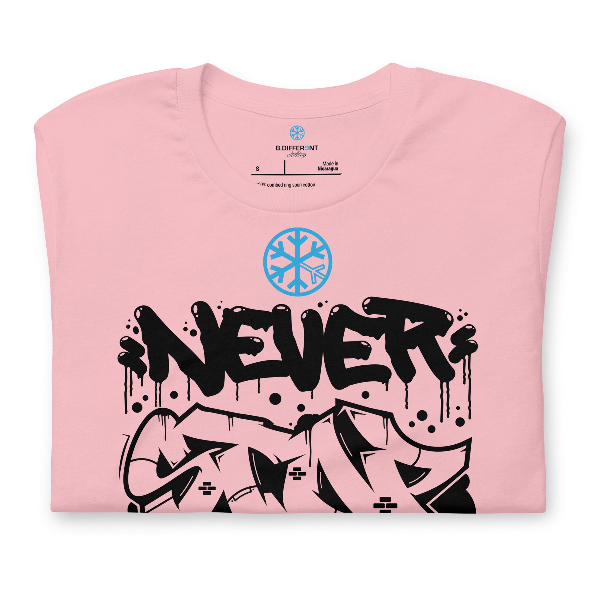 Pink-Never Stop Graffiti Piece Tee from B.Different Clothing, folded, graffiti-inspired streetwear t-shirt