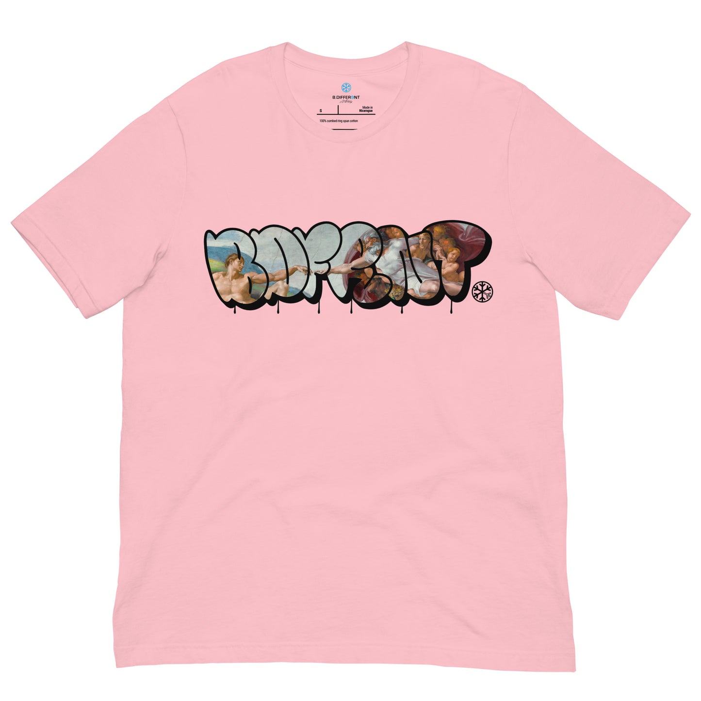 Pink-BDFRNT Throwie x Creation of Adam Graffiti Tee from B.Different Clothing, front view, graffiti-inspired streetwear t-shirt