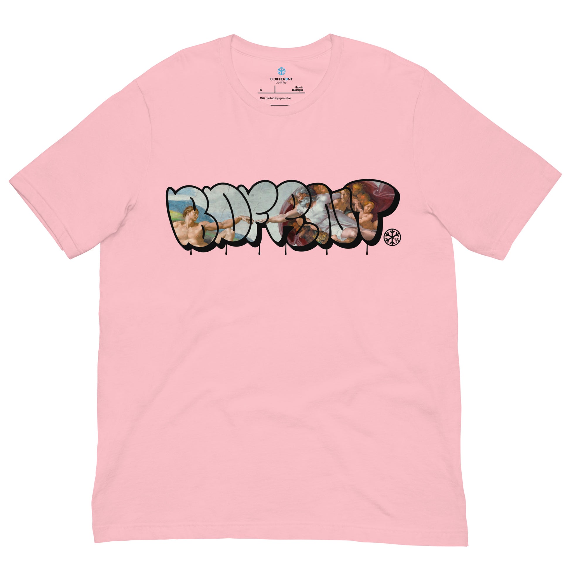Pink-BDFRNT Throwie x Creation of Adam Graffiti Tee from B.Different Clothing, front view, graffiti-inspired streetwear t-shirt