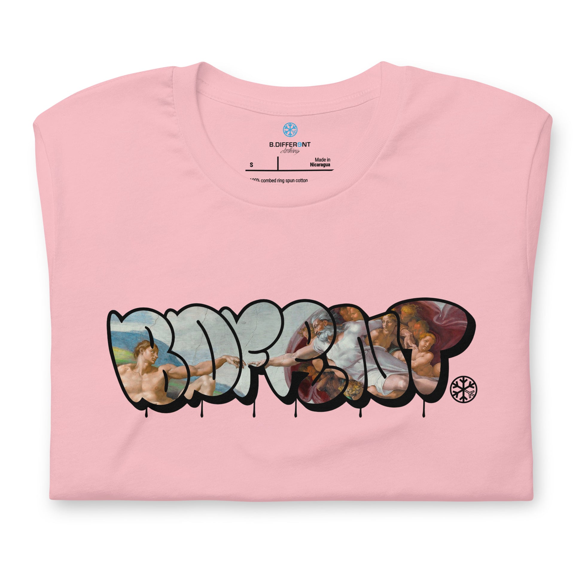Pink-BDFRNT Throwie x Creation of Adam Graffiti Tee from B.Different Clothing, folded, graffiti-inspired streetwear t-shirt