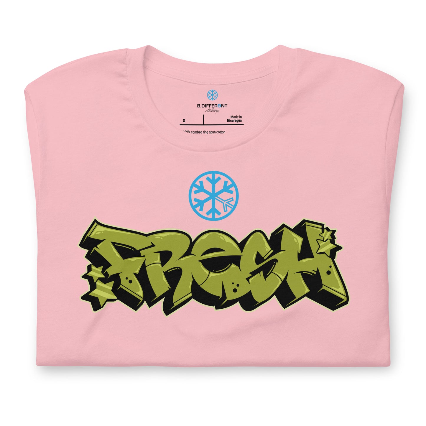 Pink-Fresh Graffiti Piece Tee from B.Different Clothing, folded, graffiti-inspired streetwear t-shirt