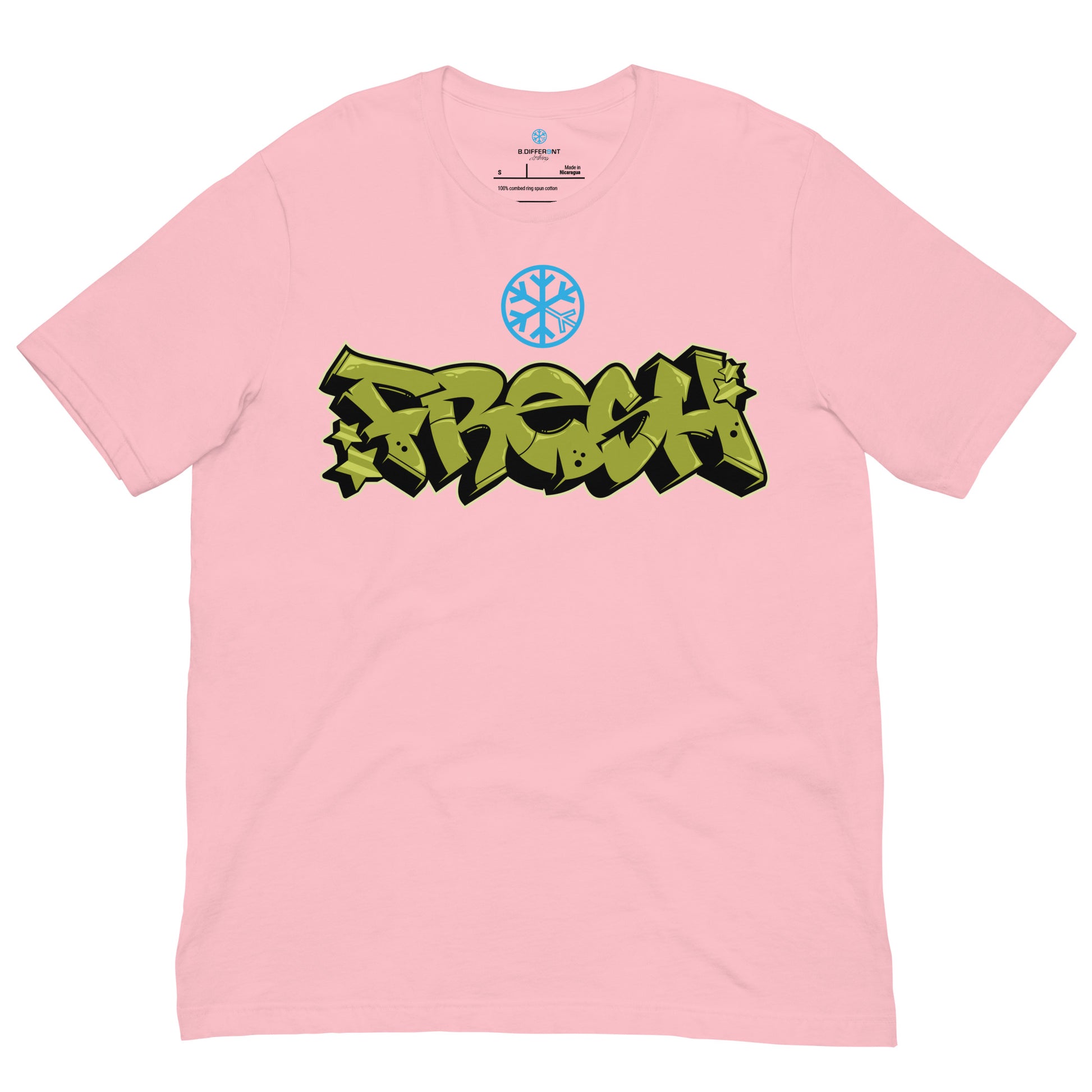 Pink-Fresh Graffiti Piece Tee from B.Different Clothing, front view, graffiti-inspired streetwear t-shirt