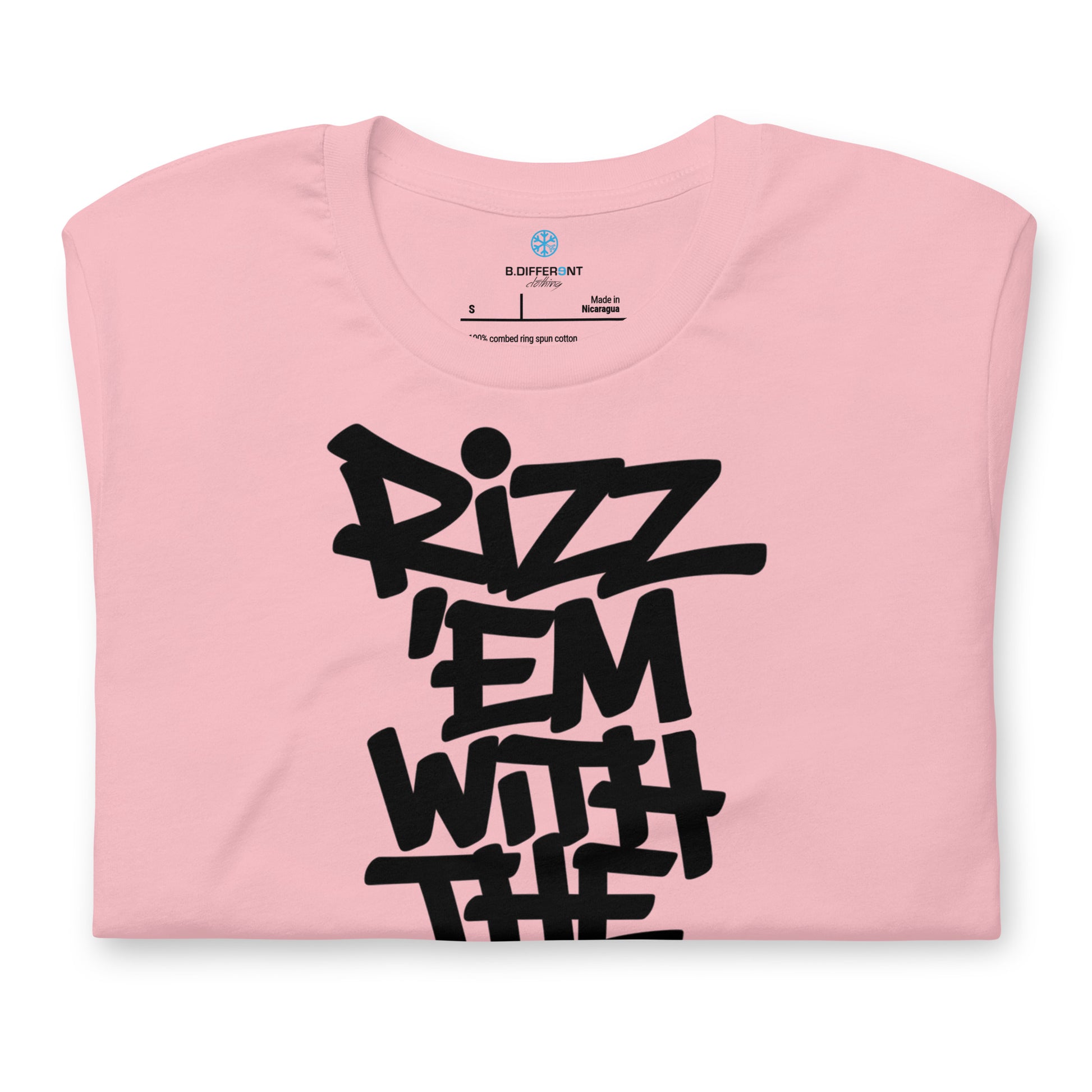 Pink-Rizz 'Em With The 'Tism Graffiti Tee from B.Different Clothing, folded, graffiti-inspired streetwear t-shirt