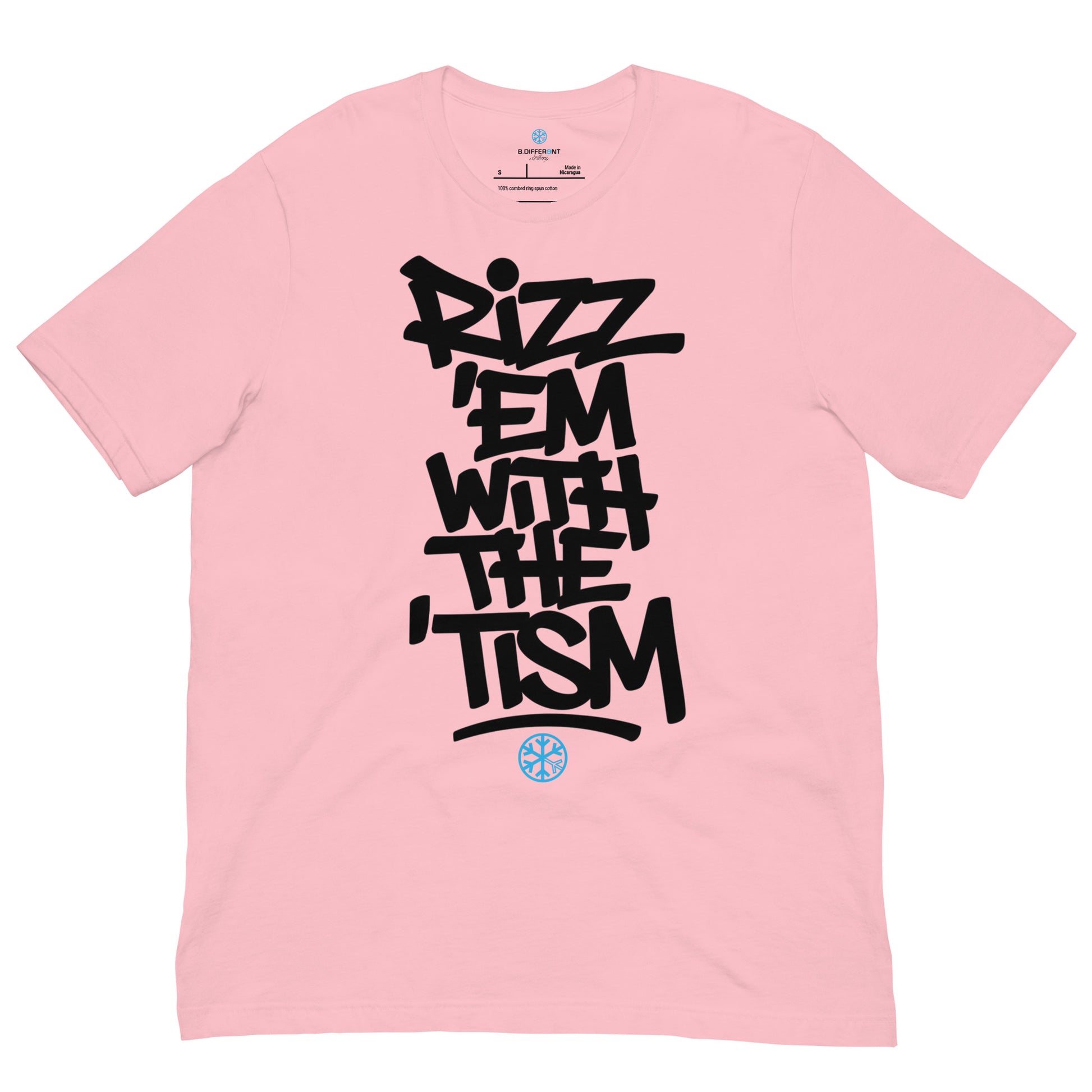 Pink-Rizz 'Em With The 'Tism Graffiti Tee from B.Different Clothing, front view, graffiti-inspired streetwear t-shirt