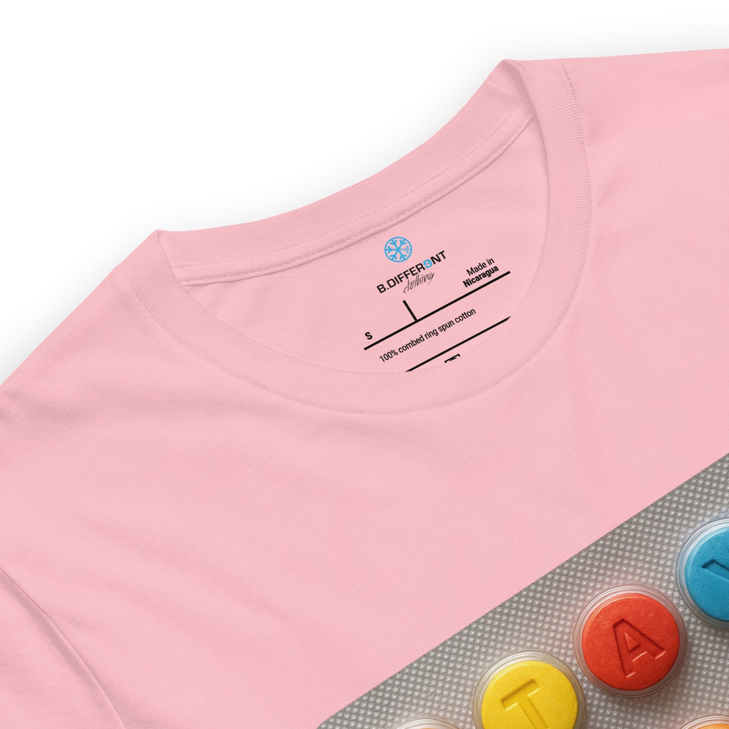 Pink-Stay Weird Pills Tee from B.Different Clothing, collar, graffiti-inspired streetwear t-shirt