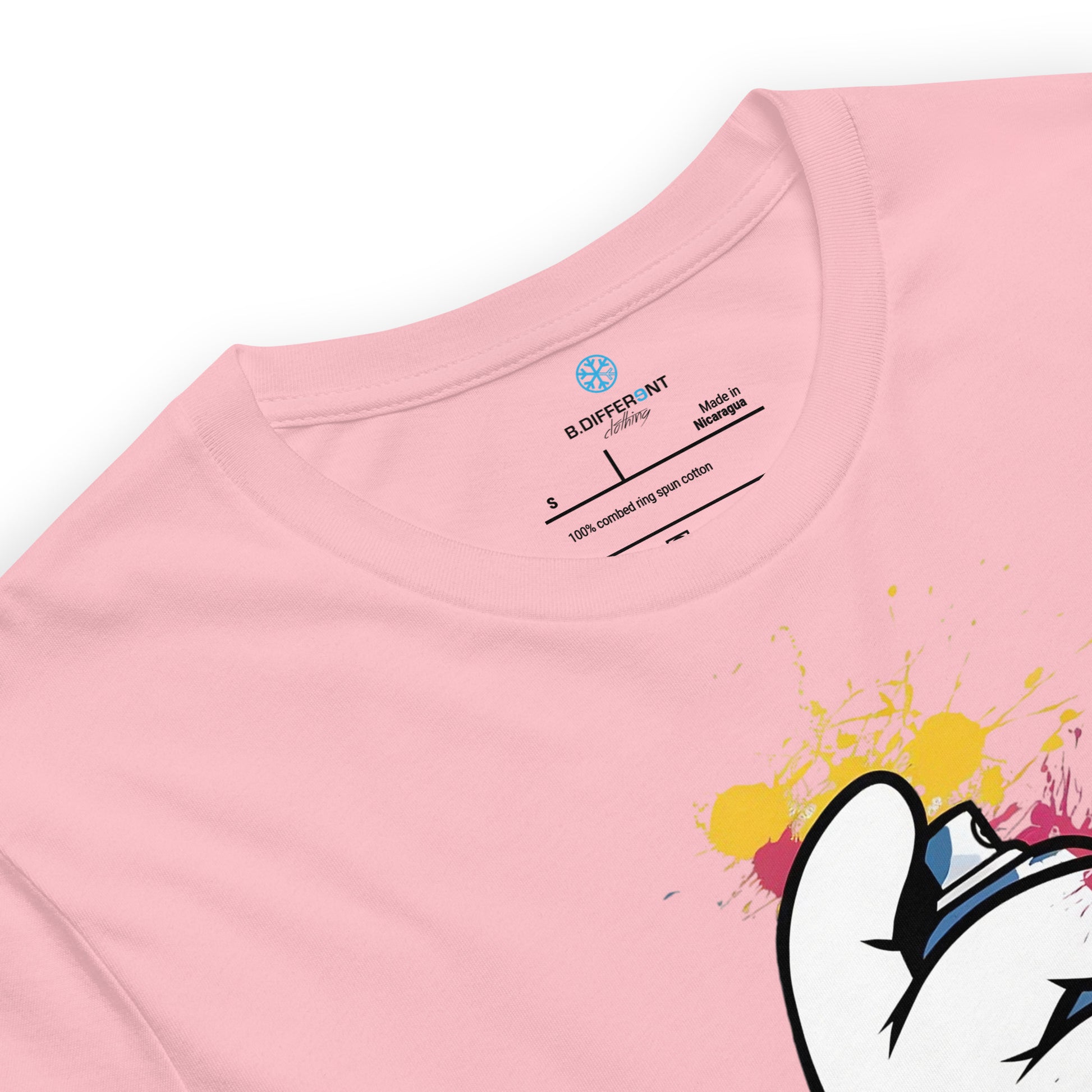 Pink-Hand Spray Can Graffiti Tee from B.Different Clothing, collar, graffiti-inspired streetwear t-shirt