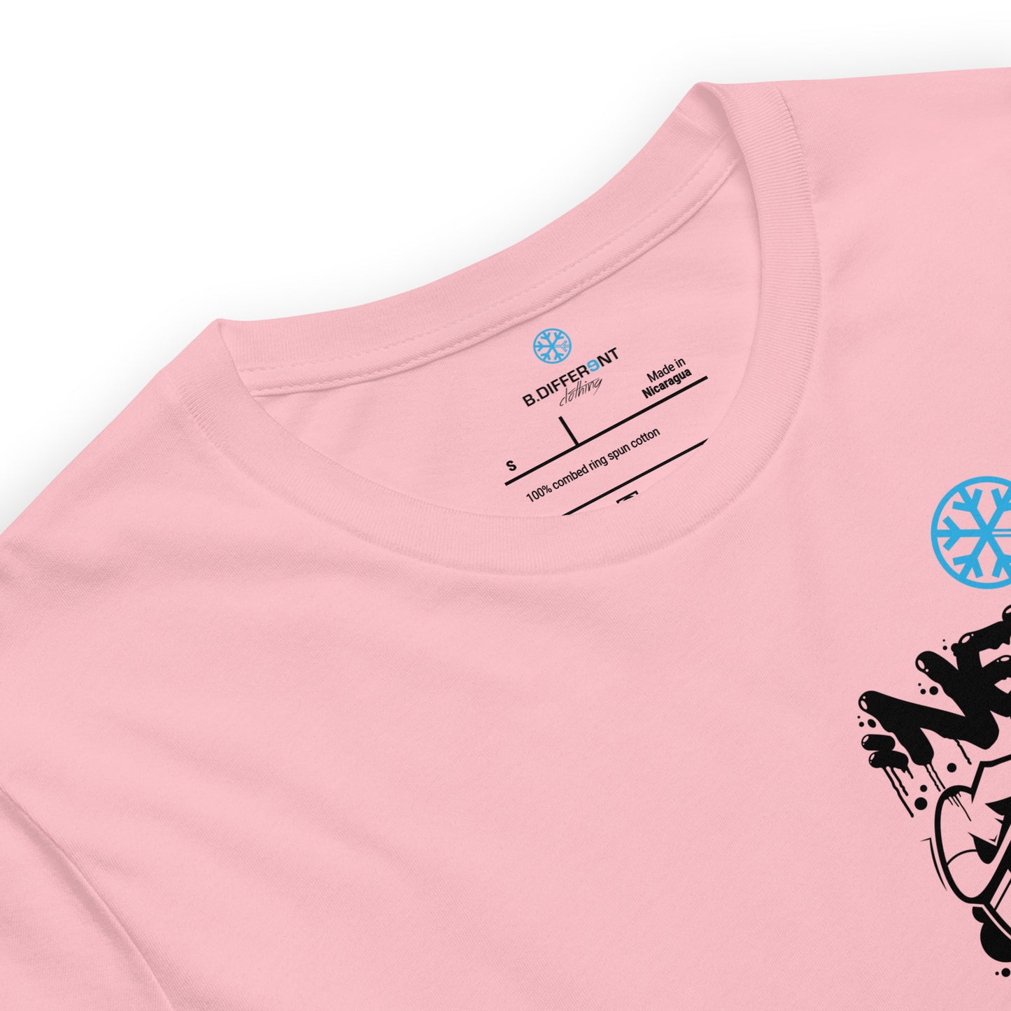 Pink-Never Stop Graffiti Character Tee from B.Different Clothing, collar, graffiti-inspired streetwear t-shirt
