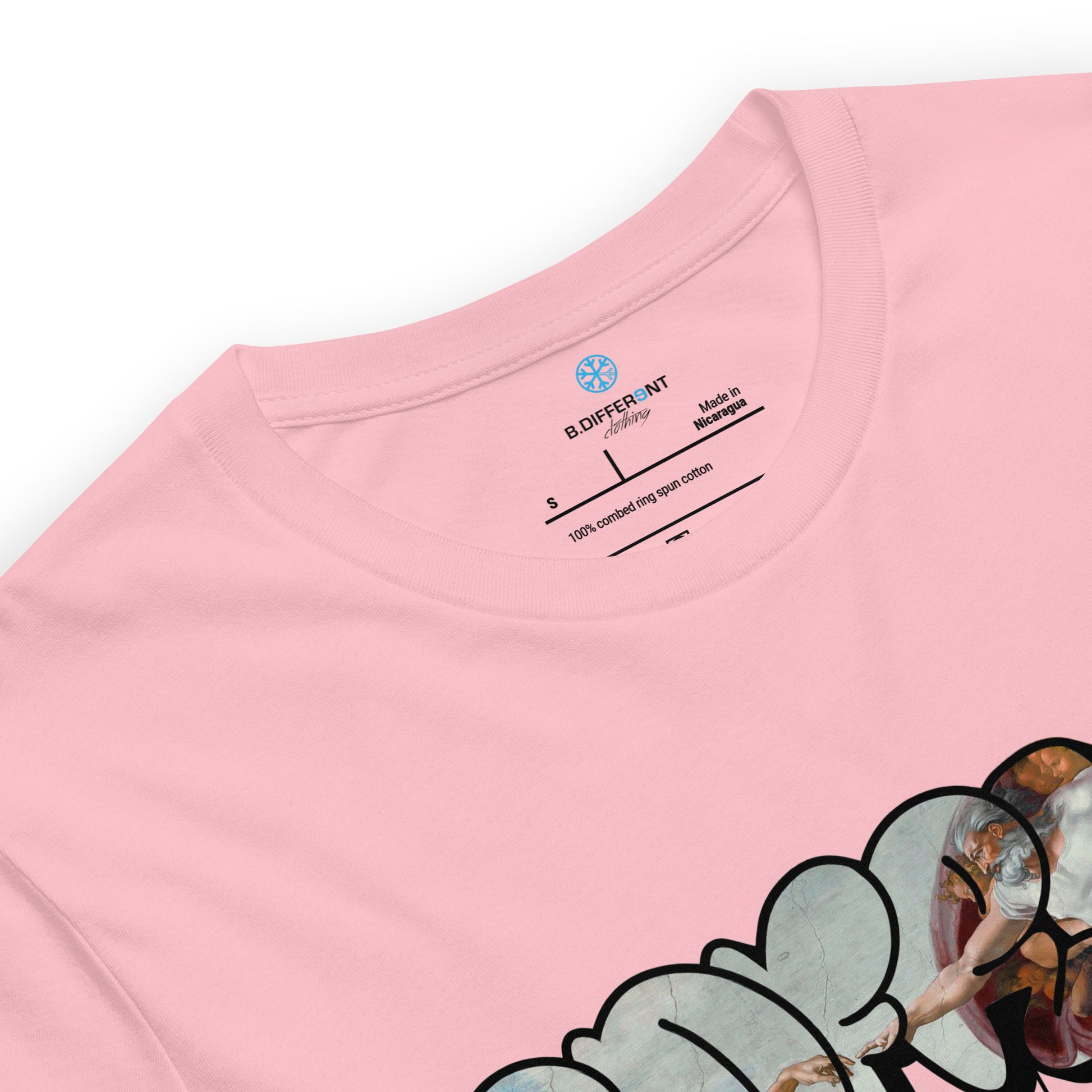 Pink-BDFRNT Throwie x Creation of Adam Graffiti Tee from B.Different Clothing, collar, graffiti-inspired streetwear t-shirt