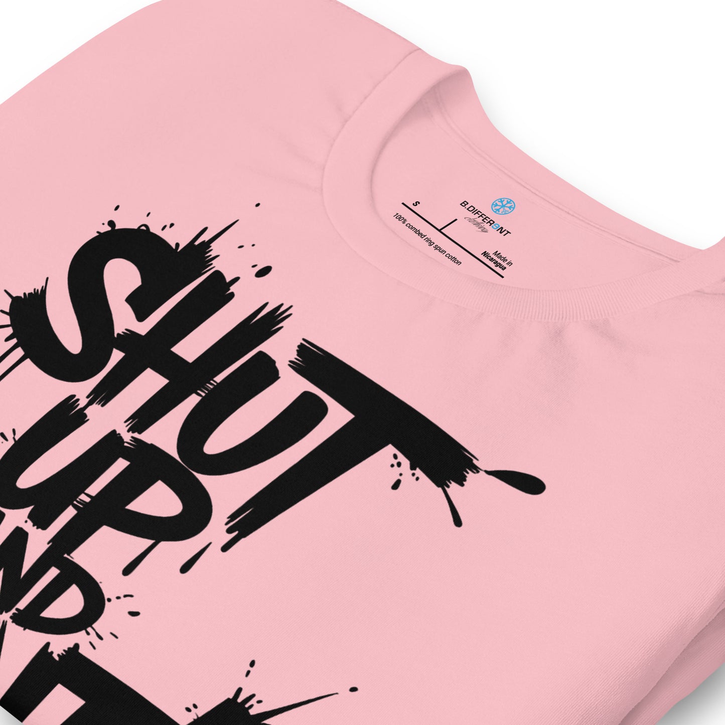 Pink-Shut Up and Paint Graffiti Tee from B.Different Clothing, detail, graffiti-inspired streetwear t-shirt