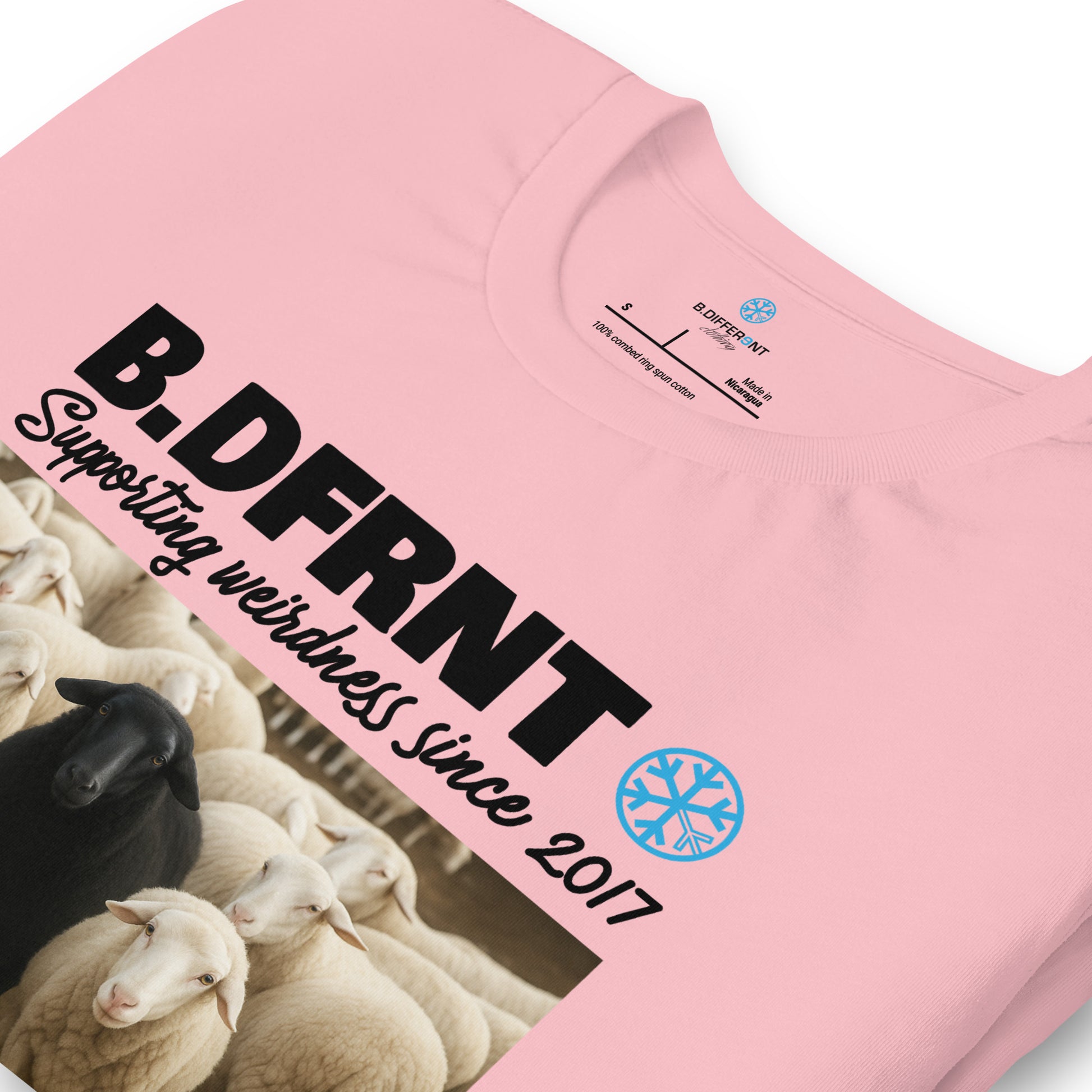 Pink-Black Sheep Tee from B.Different Clothing, detail, graffiti-inspired streetwear t-shirt