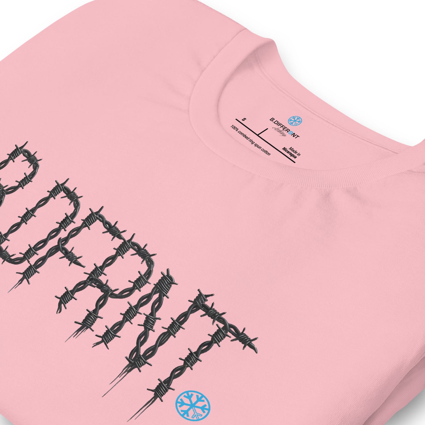 Pink-B.DFRNT Barbed Wire Tee from B.Different Clothing, detail, graffiti-inspired streetwear t-shirt