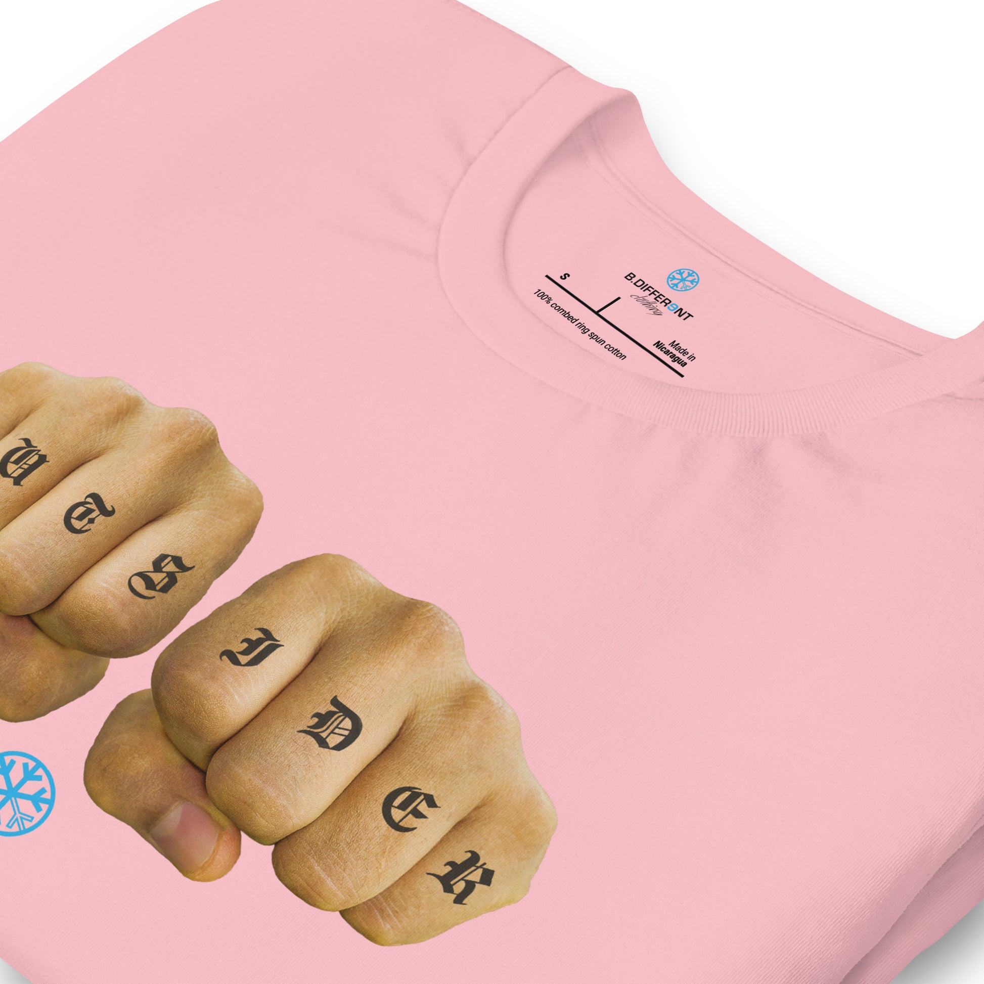 Pink-Outsider Tattoo Tee from B.Different Clothing, detail, graffiti-inspired streetwear t-shirt