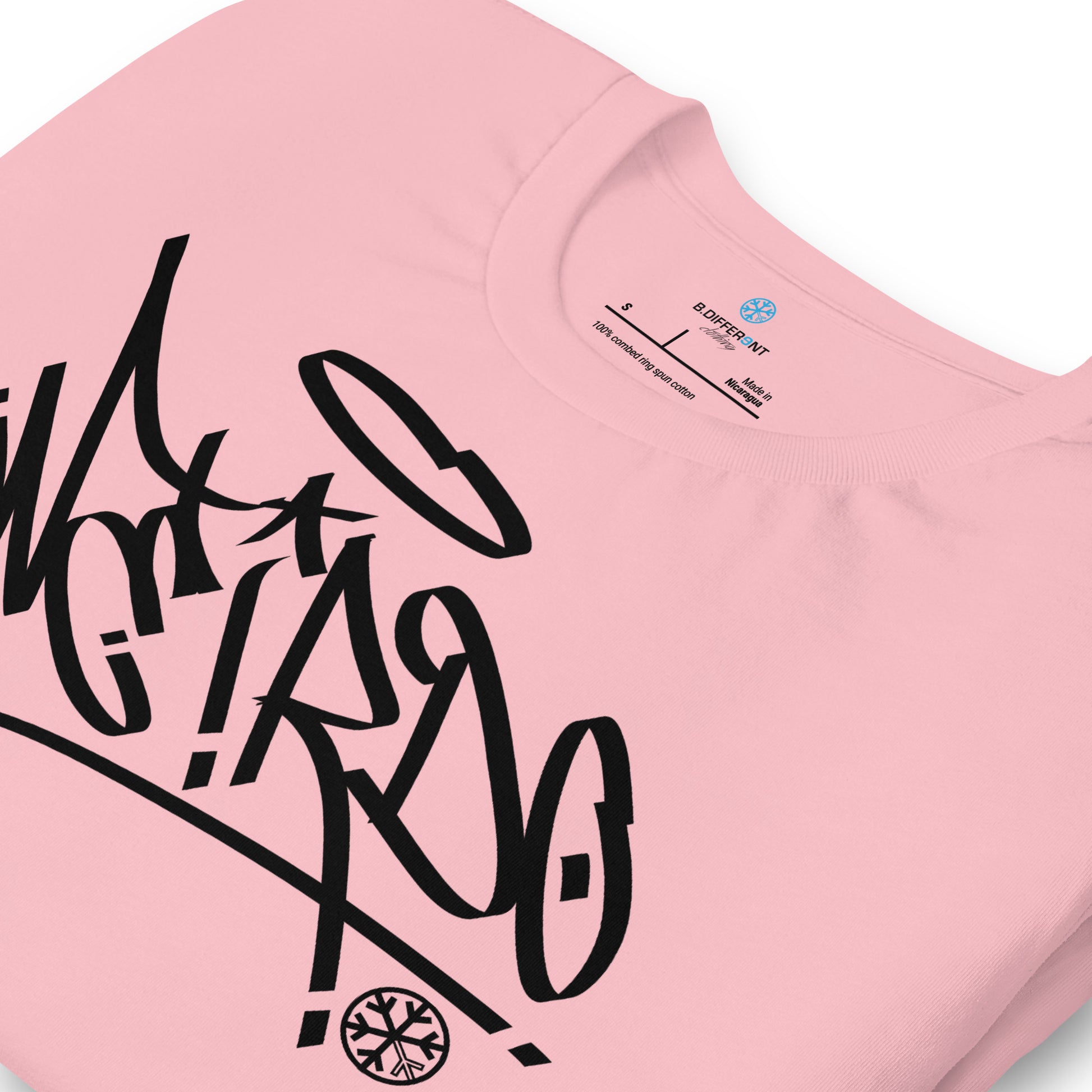 Pink-Weirdo Tag Graffiti Tee from B.Different Clothing, detail, graffiti-inspired streetwear t-shirt