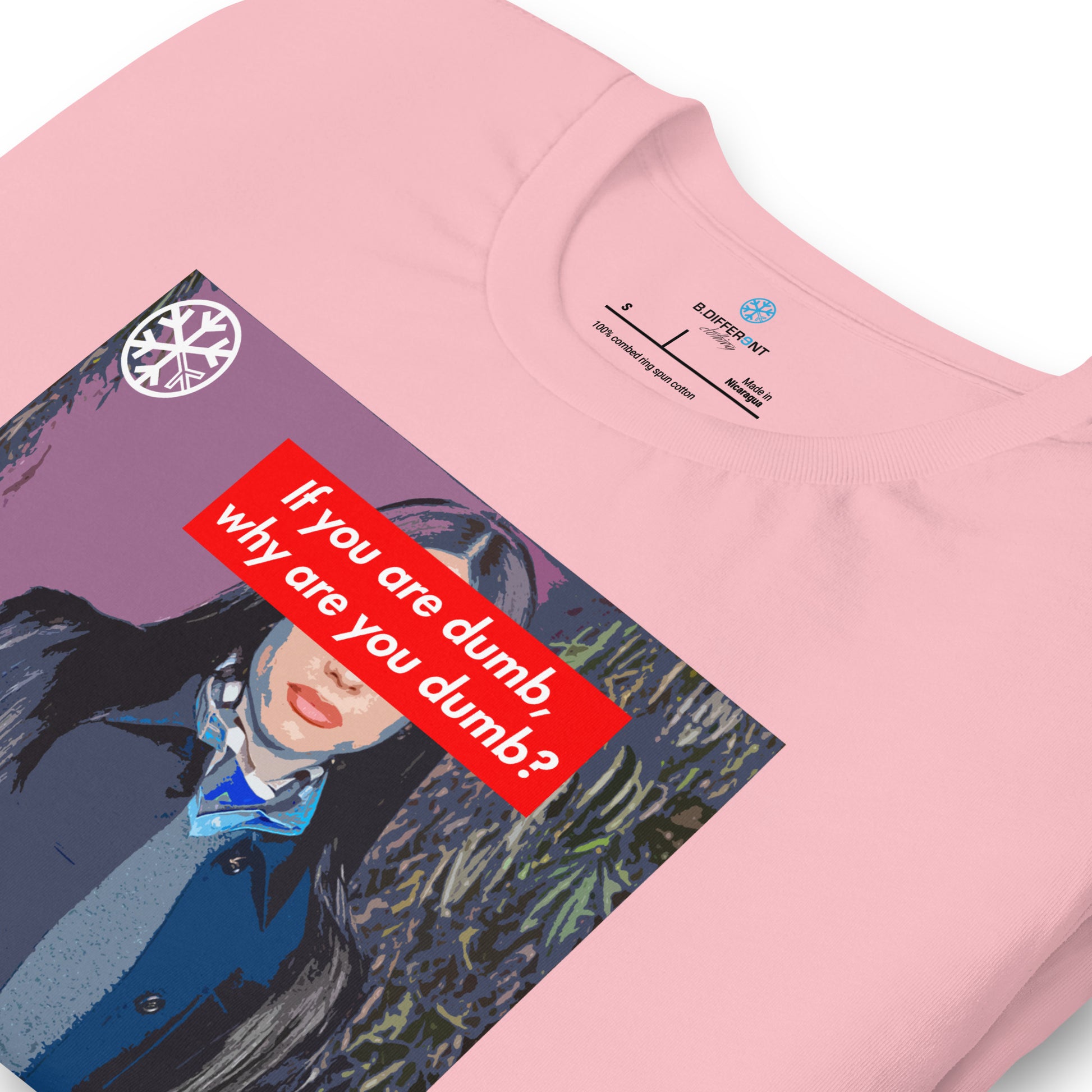 Pink-Why Are You Dumb Tee from B.Different Clothing, detail, graffiti-inspired streetwear t-shirt