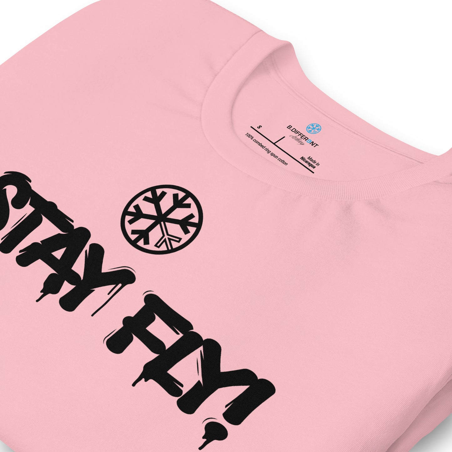 Pink-Stay Fly Graffiti Tag Tee from B.Different Clothing, detail, graffiti-inspired streetwear t-shirt