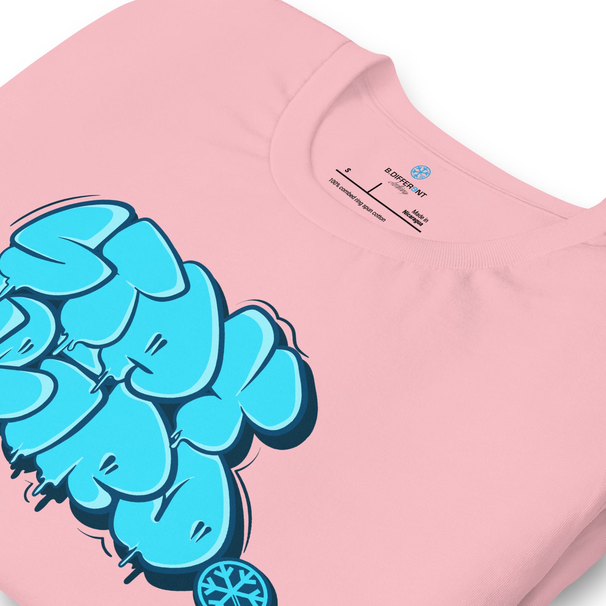 Pink-Stay Weird Graffiti Throw-up Tee from B.Different Clothing, detail, graffiti-inspired streetwear t-shirt