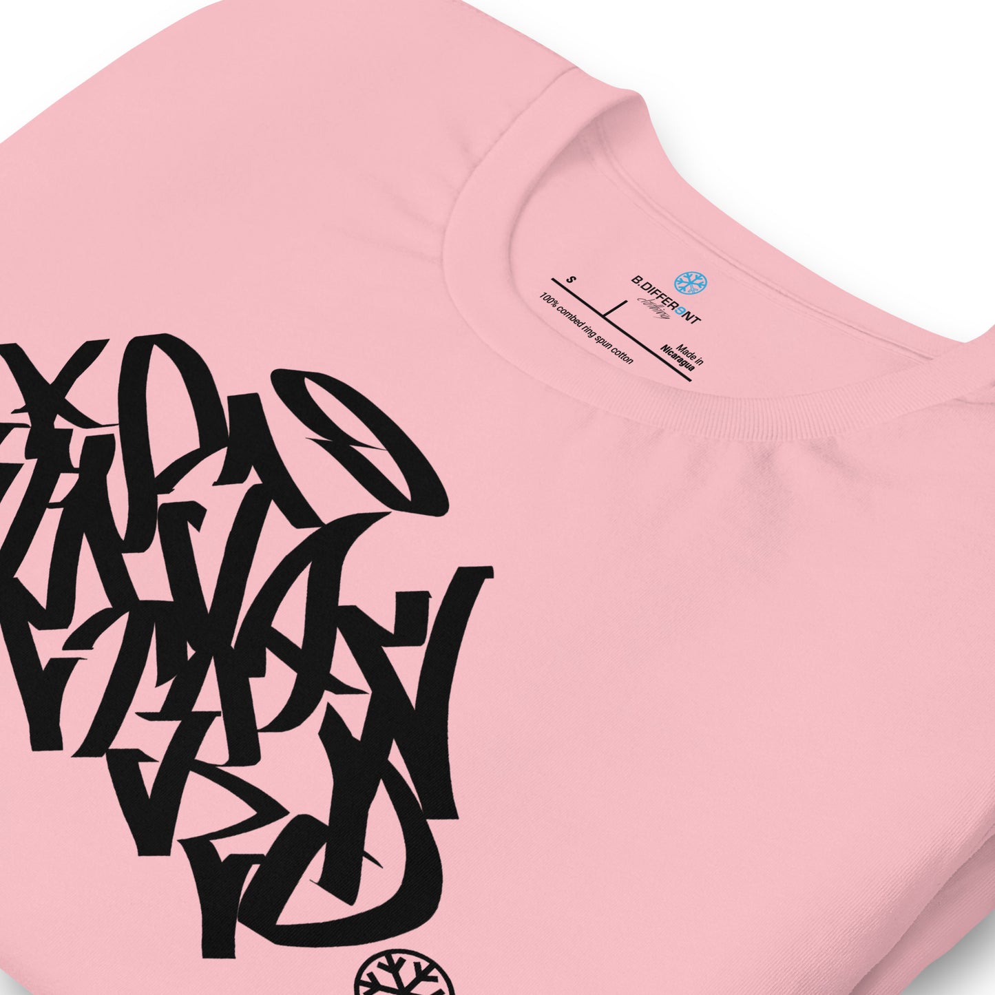 Pink-Stay Weird Graffiti Tag Tee from B.Different Clothing, detail, graffiti-inspired streetwear t-shirt