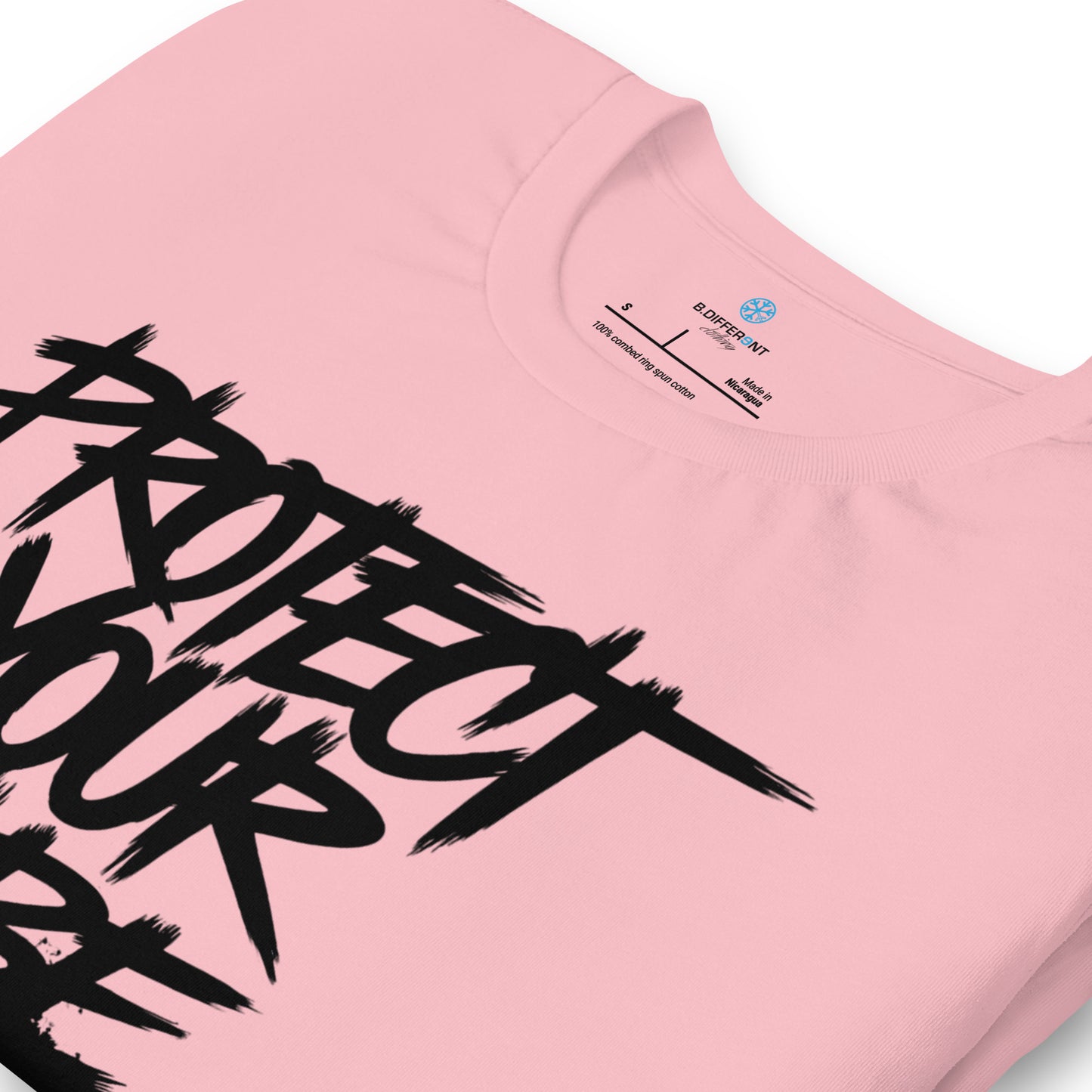 Pink-Protect Your Vibe Graffiti Tag Tee from B.Different Clothing, detail, graffiti-inspired streetwear t-shirt