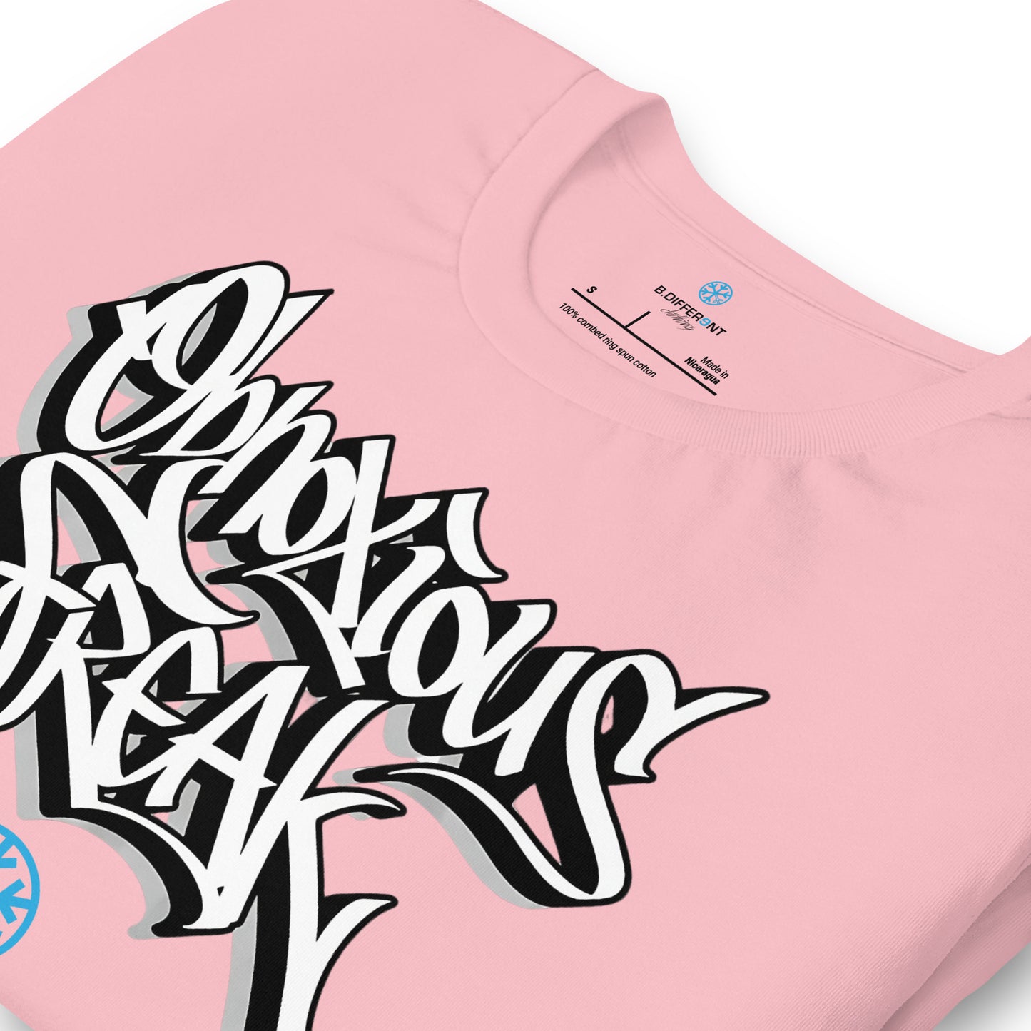 Pink-Obnoxious Freak Graffiti Tee from B.Different Clothing, collar, graffiti-inspired streetwear t-shirt
