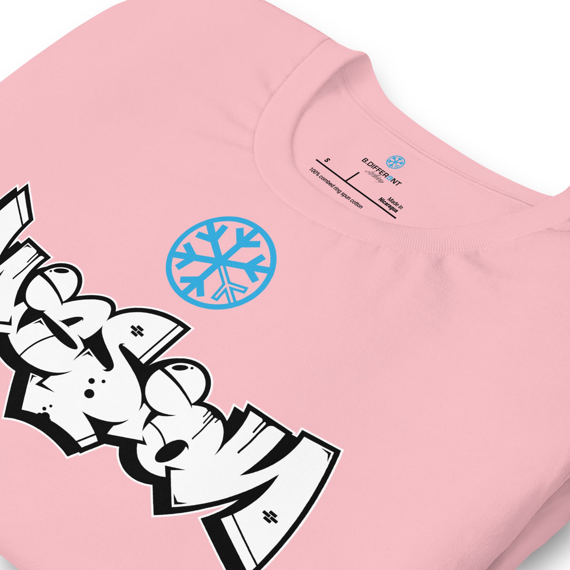 Pink-Mission Graffiti Piece Tee from B.Different Clothing, detail, graffiti-inspired streetwear t-shirt