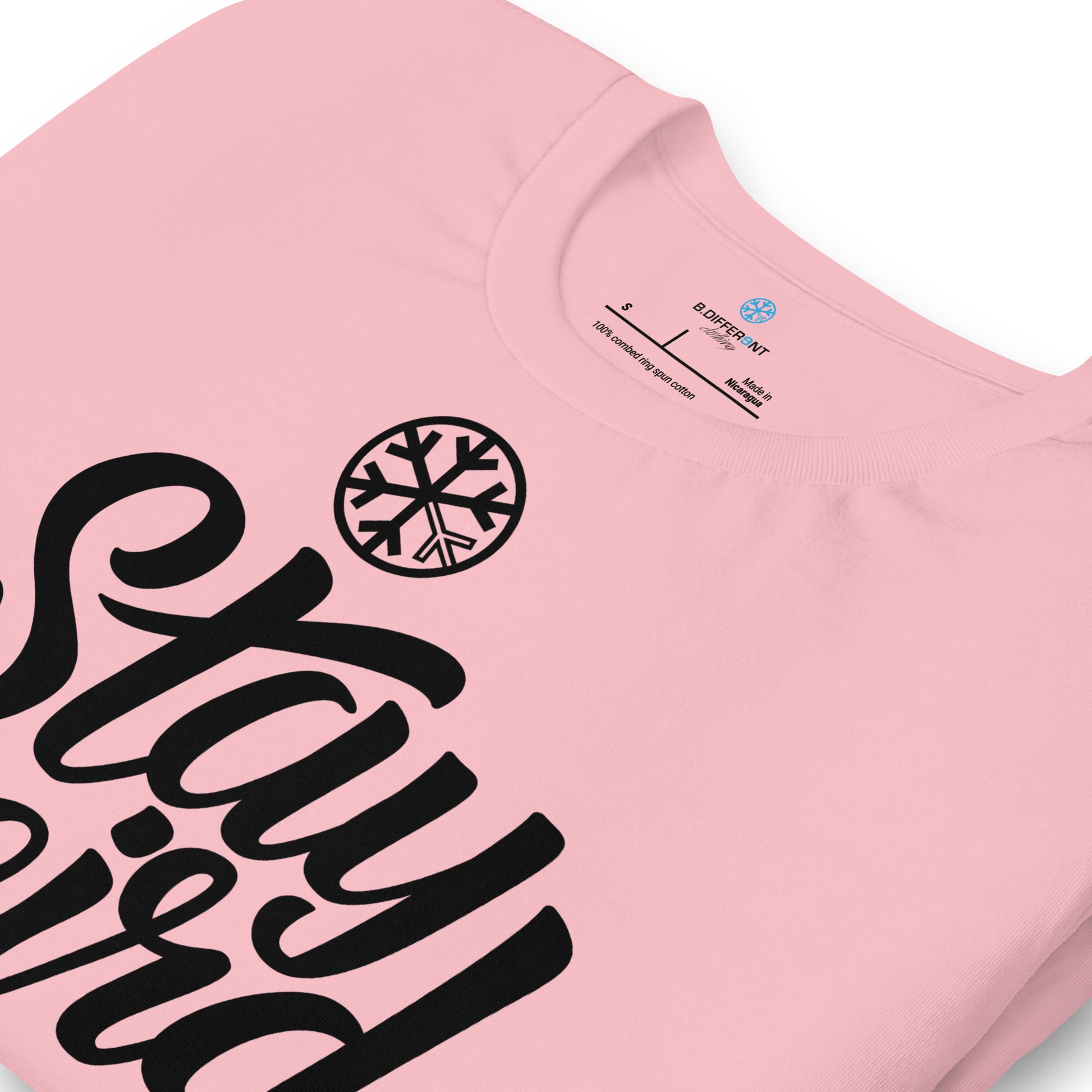 Pink-Stay Weird Tee from B.Different Clothing, detail, graffiti-inspired streetwear t-shirt