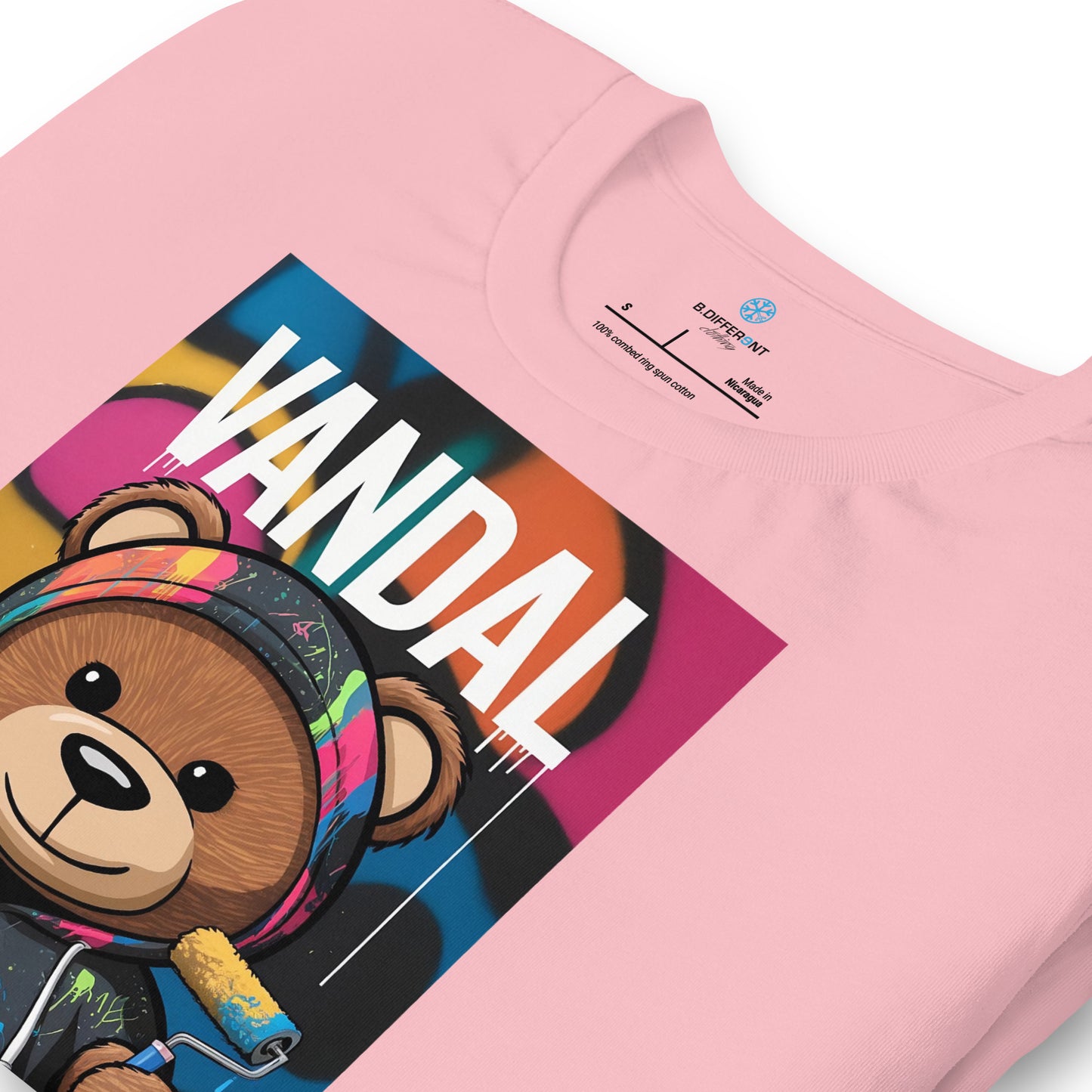 Pink-Vandal Teddy Bear Graffiti Tee from B.Different Clothing, detail, graffiti-inspired streetwear