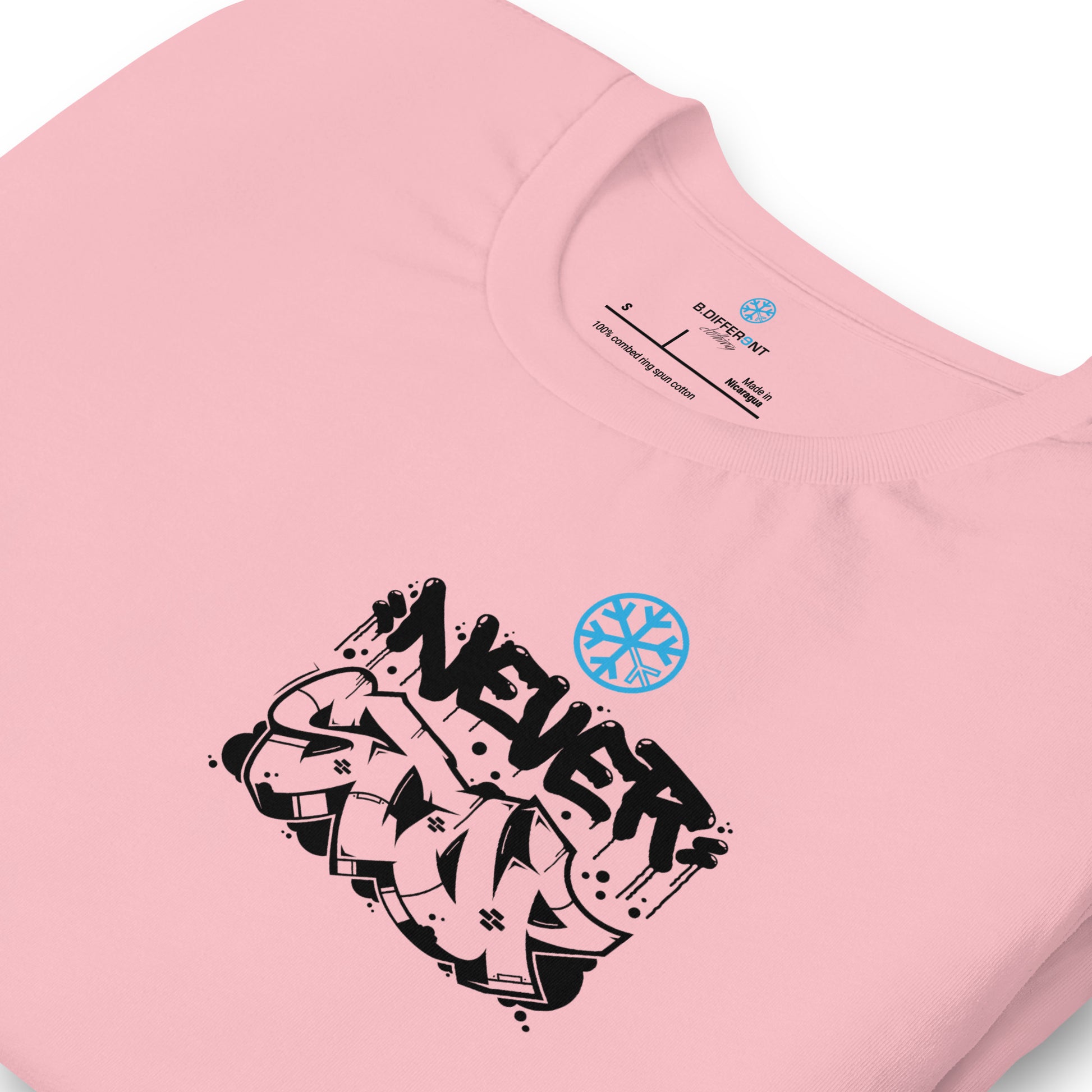 Pink-Never Stop Graffiti Character Tee from B.Different Clothing, detail, graffiti-inspired streetwear t-shirt