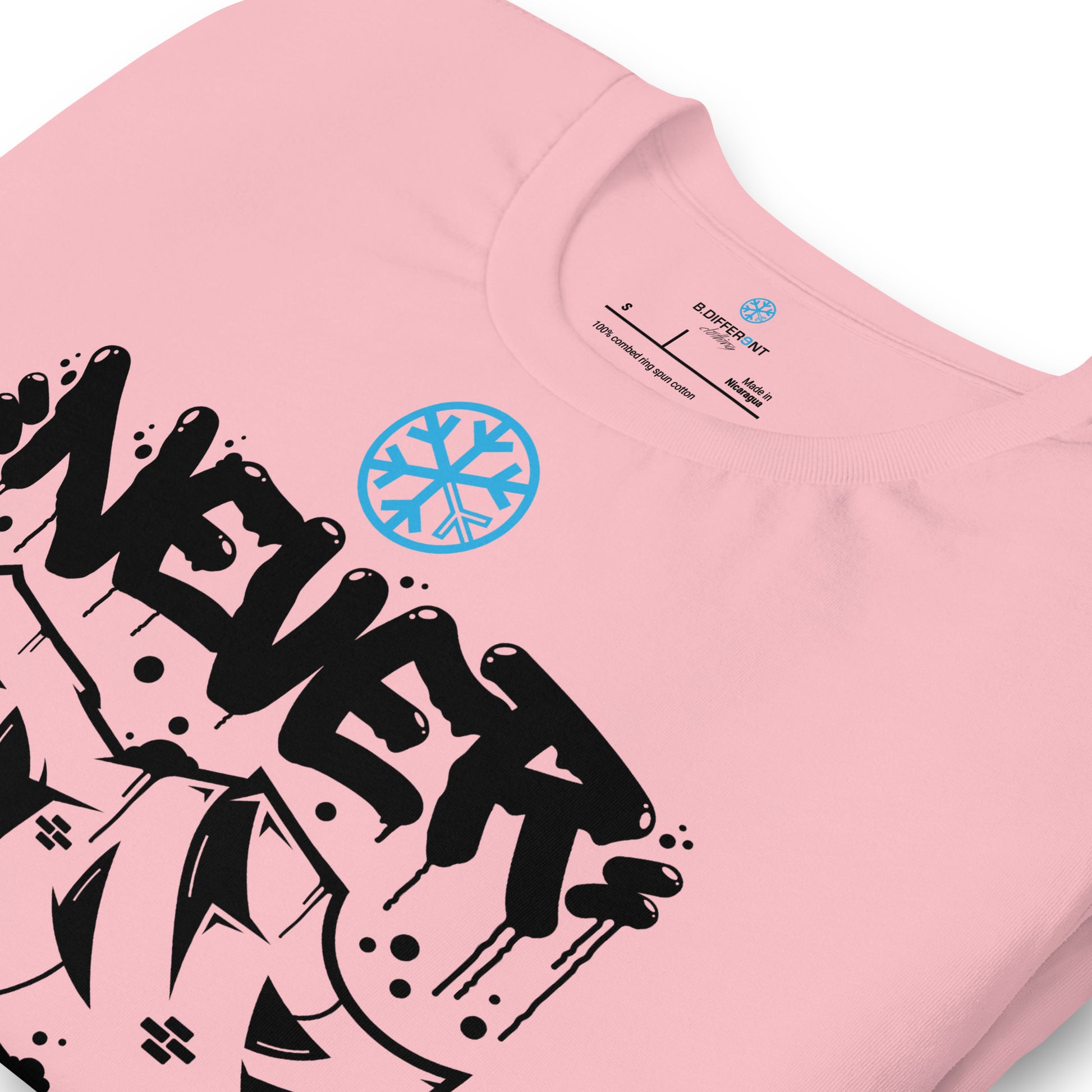 Pink-Never Stop Graffiti Piece Tee from B.Different Clothing, detail, graffiti-inspired streetwear t-shirt