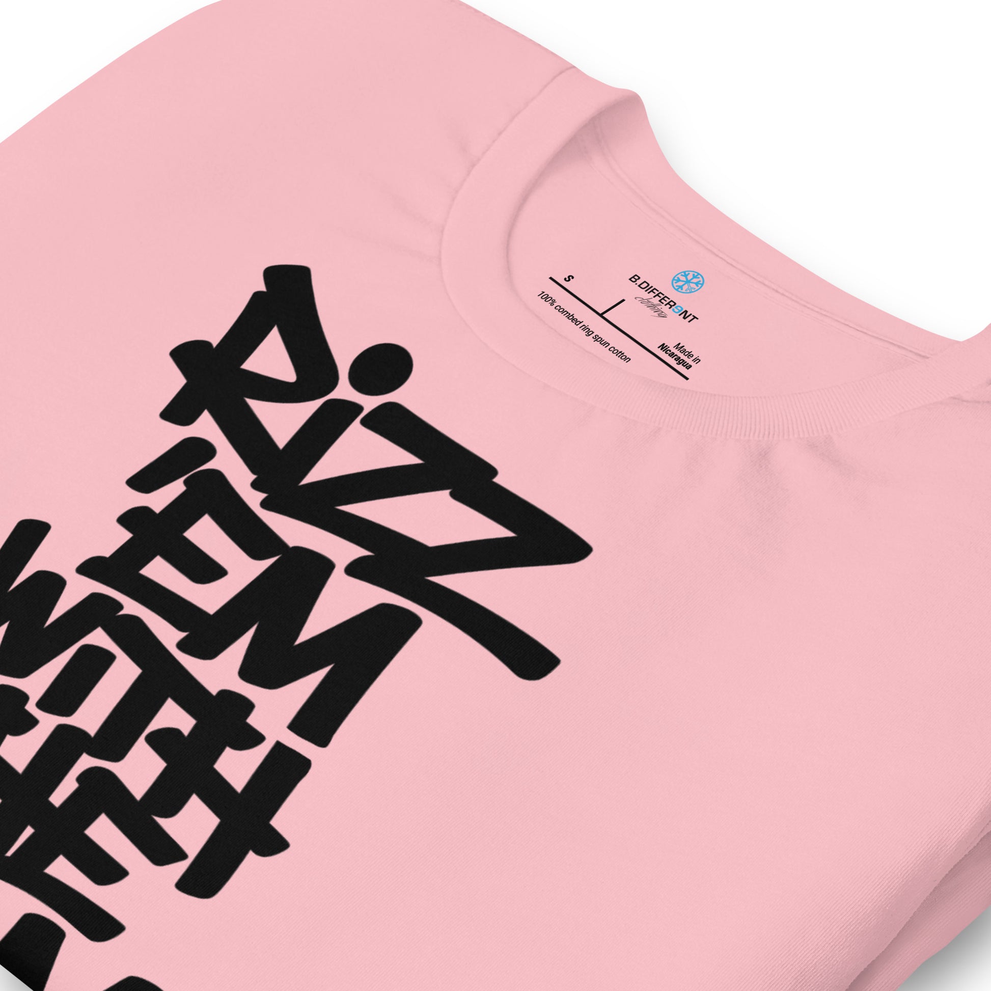 Pink-Rizz 'Em With The 'Tism Graffiti Tee from B.Different Clothing, detail, graffiti-inspired streetwear t-shirt