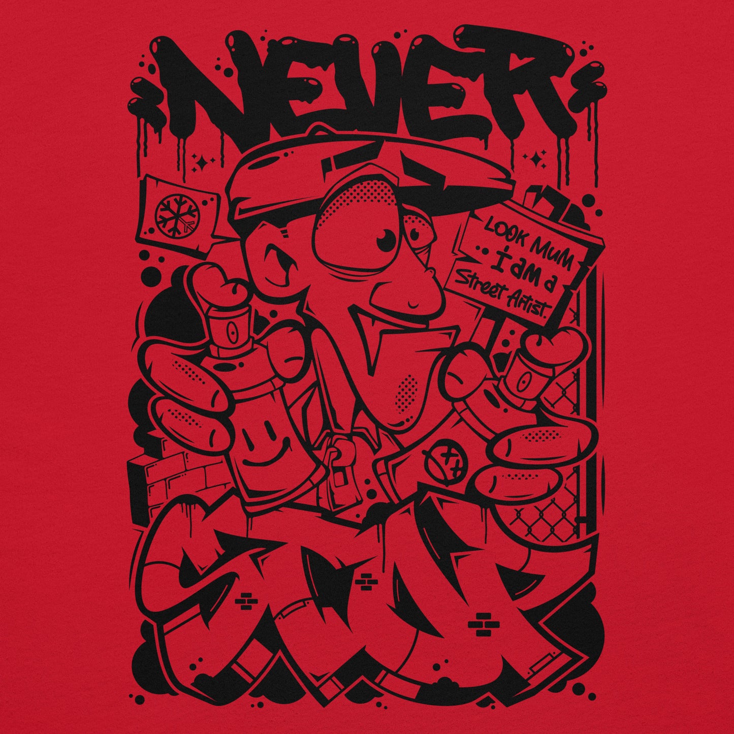 Red-Never Stop Graffiti Character Tee from B.Different Clothing, graphic, graffiti-inspired streetwear t-shirt