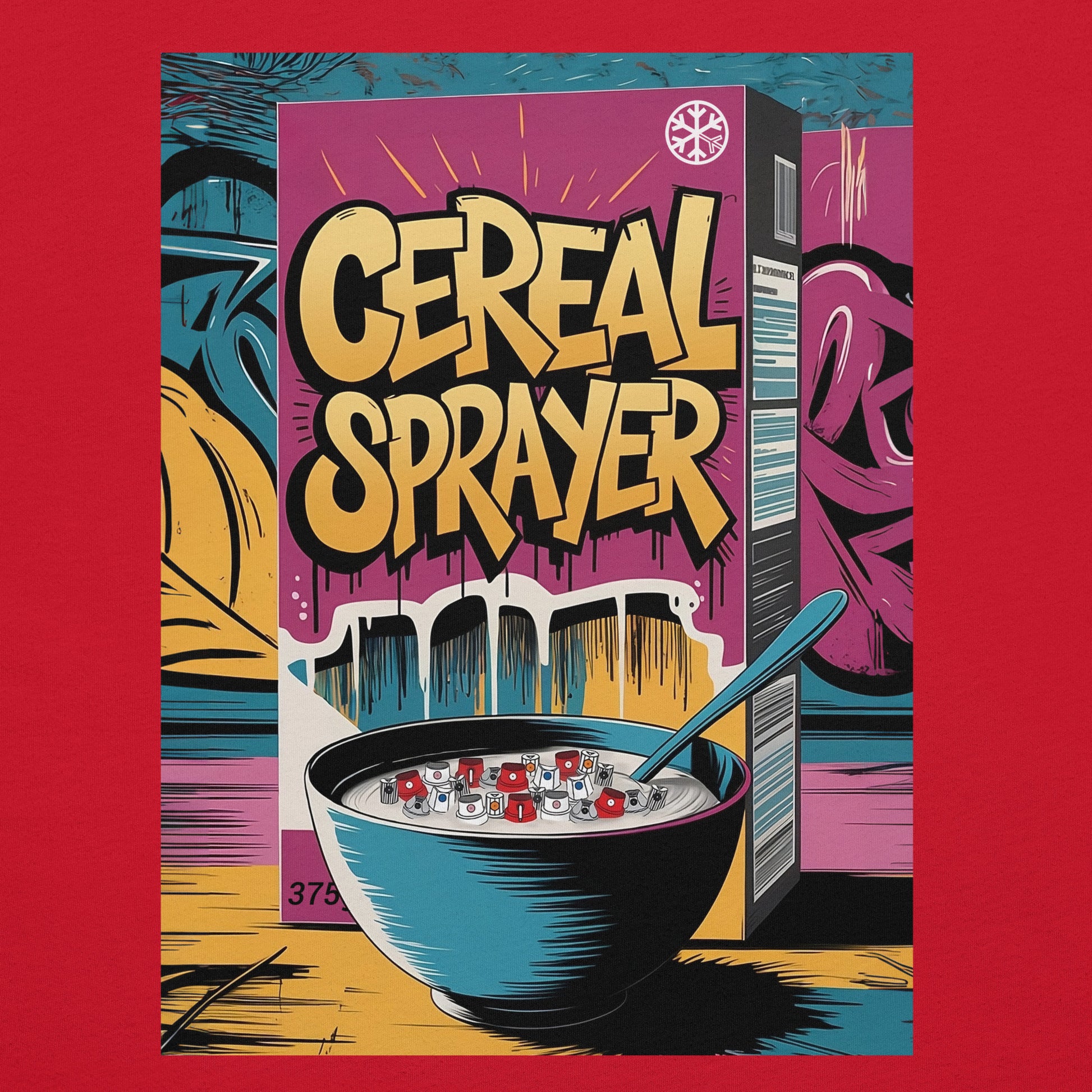 Red-Cereal Sprayer Graffiti Tee from B.Different Clothing, graphic, graffiti-inspired streetwear t-shirt