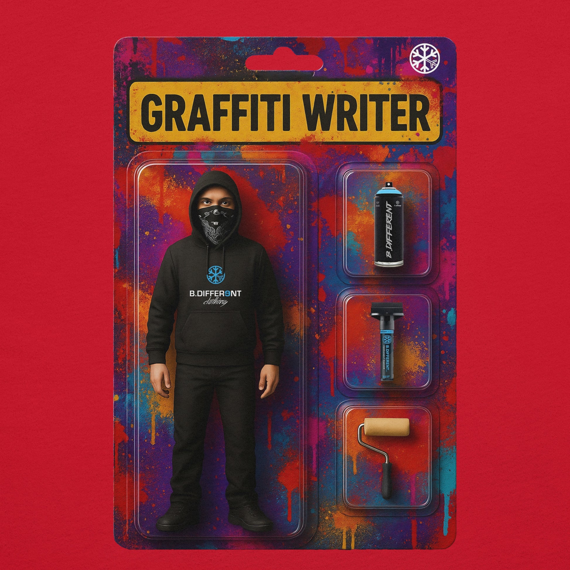 Red-Graffiti Artist Action Figure Tee from B.Different Clothing, graphic, graffiti-inspired streetwear t-shirt