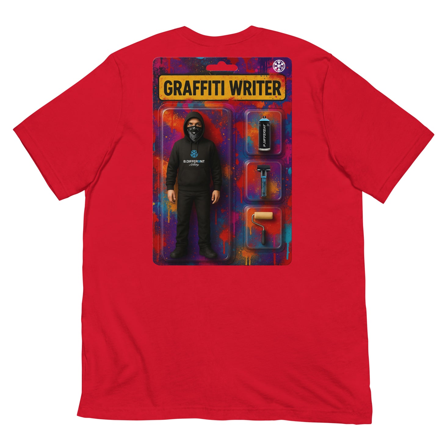 Red-Graffiti Artist Action Figure Tee from B.Different Clothing, back view, graffiti-inspired streetwear t-shirt