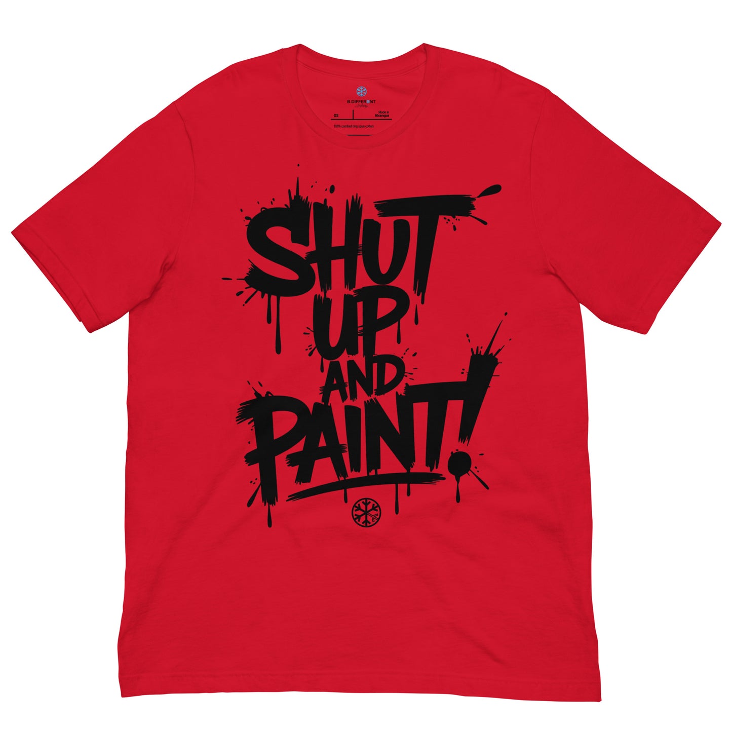 Red-Shut Up and Paint Graffiti Tee from B.Different Clothing, front view, graffiti-inspired streetwear t-shirt