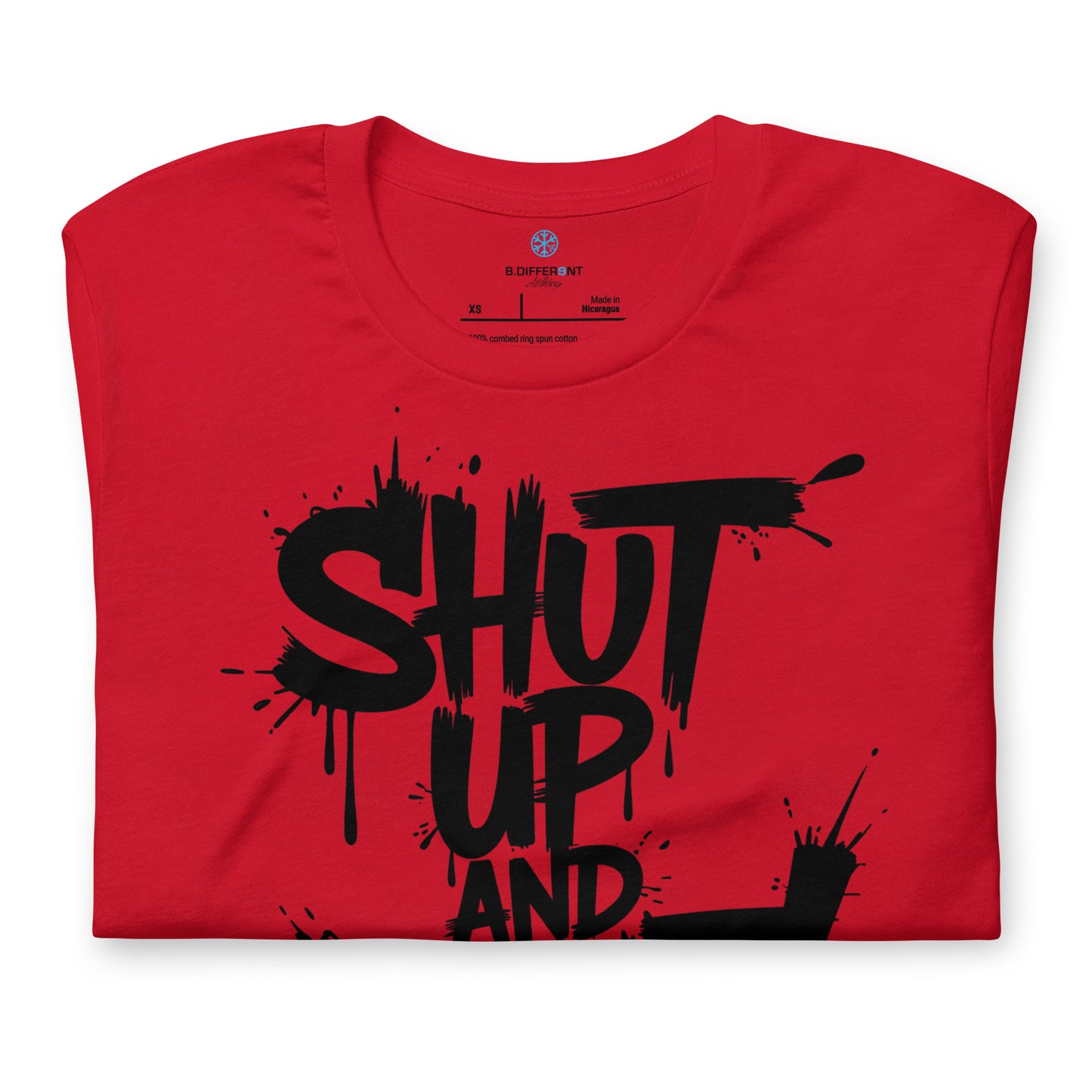 Red-Shut Up and Paint Graffiti Tee from B.Different Clothing, folded, graffiti-inspired streetwear t-shirt