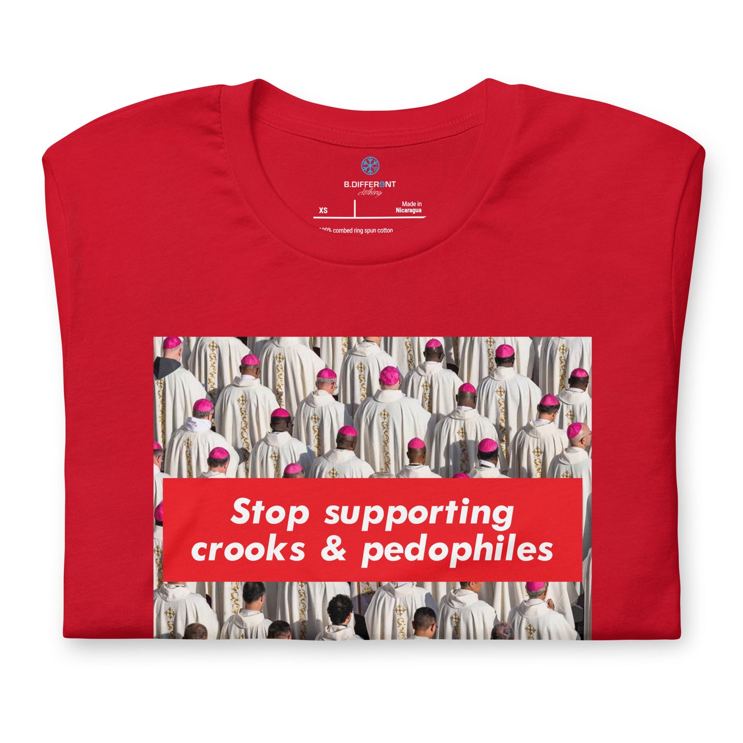 Red-Vatican Crooks Tee from B.Different Clothing, folded, graffiti-inspired streetwear t-shirt