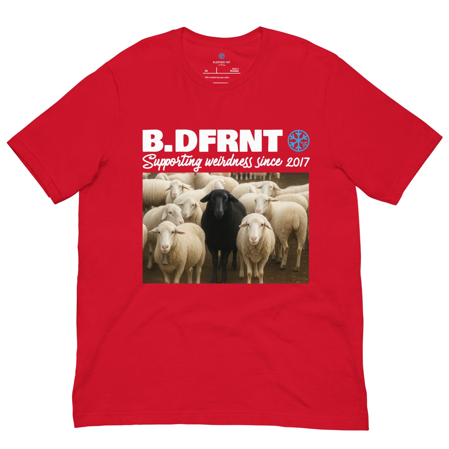 Red-Black Sheep Tee from B.Different Clothing, front view, graffiti-inspired streetwear t-shirt