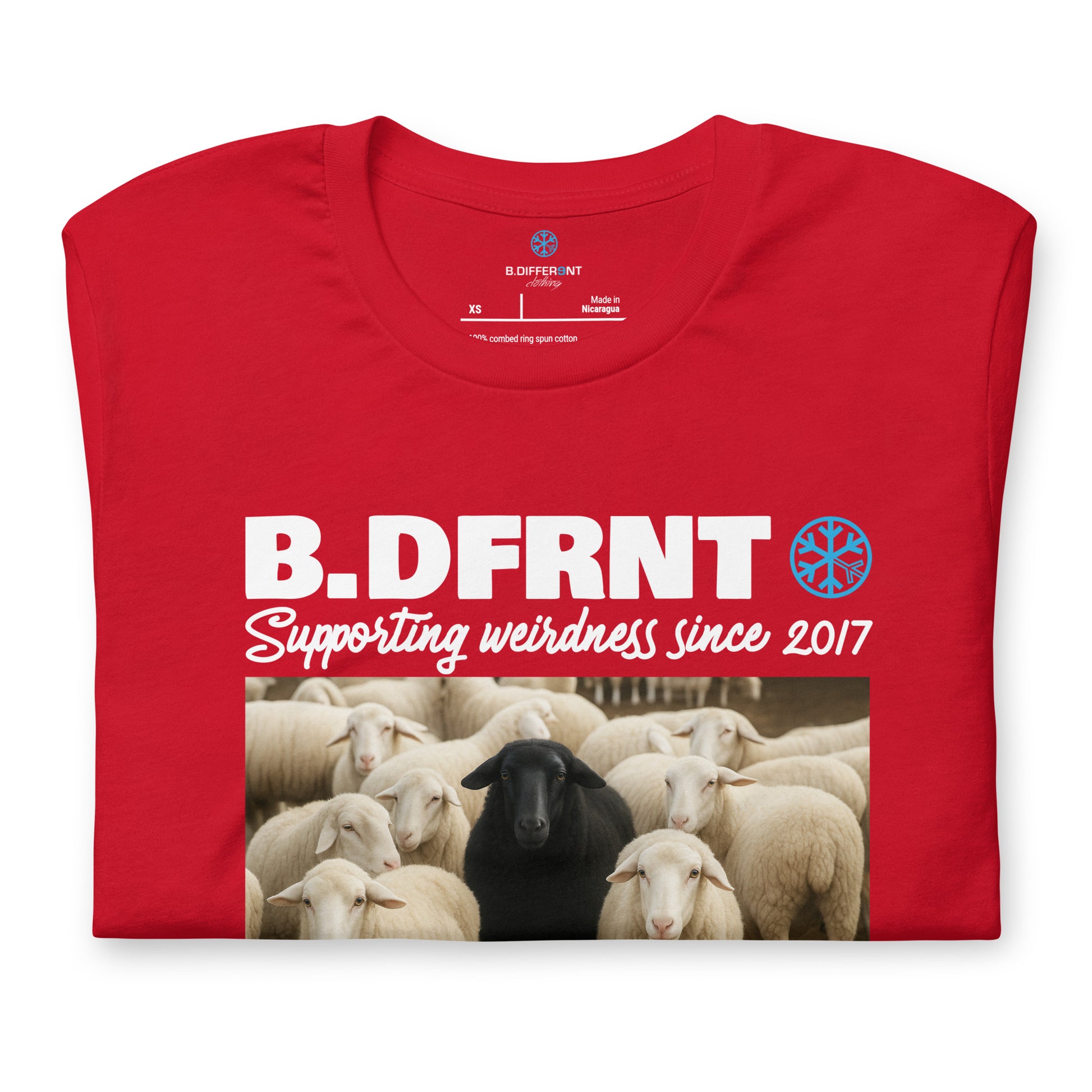 Red-Black Sheep Tee from B.Different Clothing, folded, graffiti-inspired streetwear t-shirt