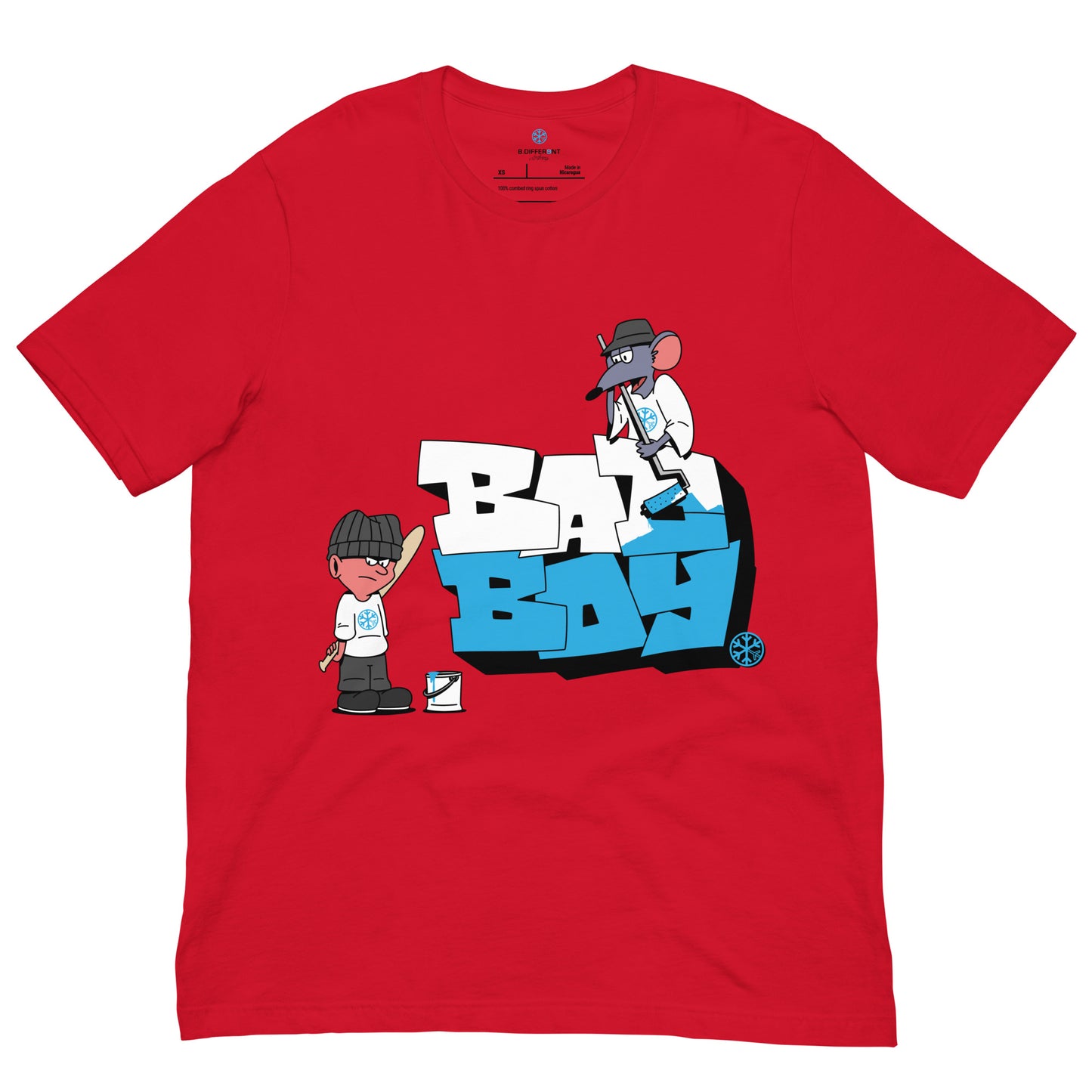 Red-Bad Boy Graffiti Tee from B.Different Clothing, front view, graffiti-inspired streetwear t-shirt