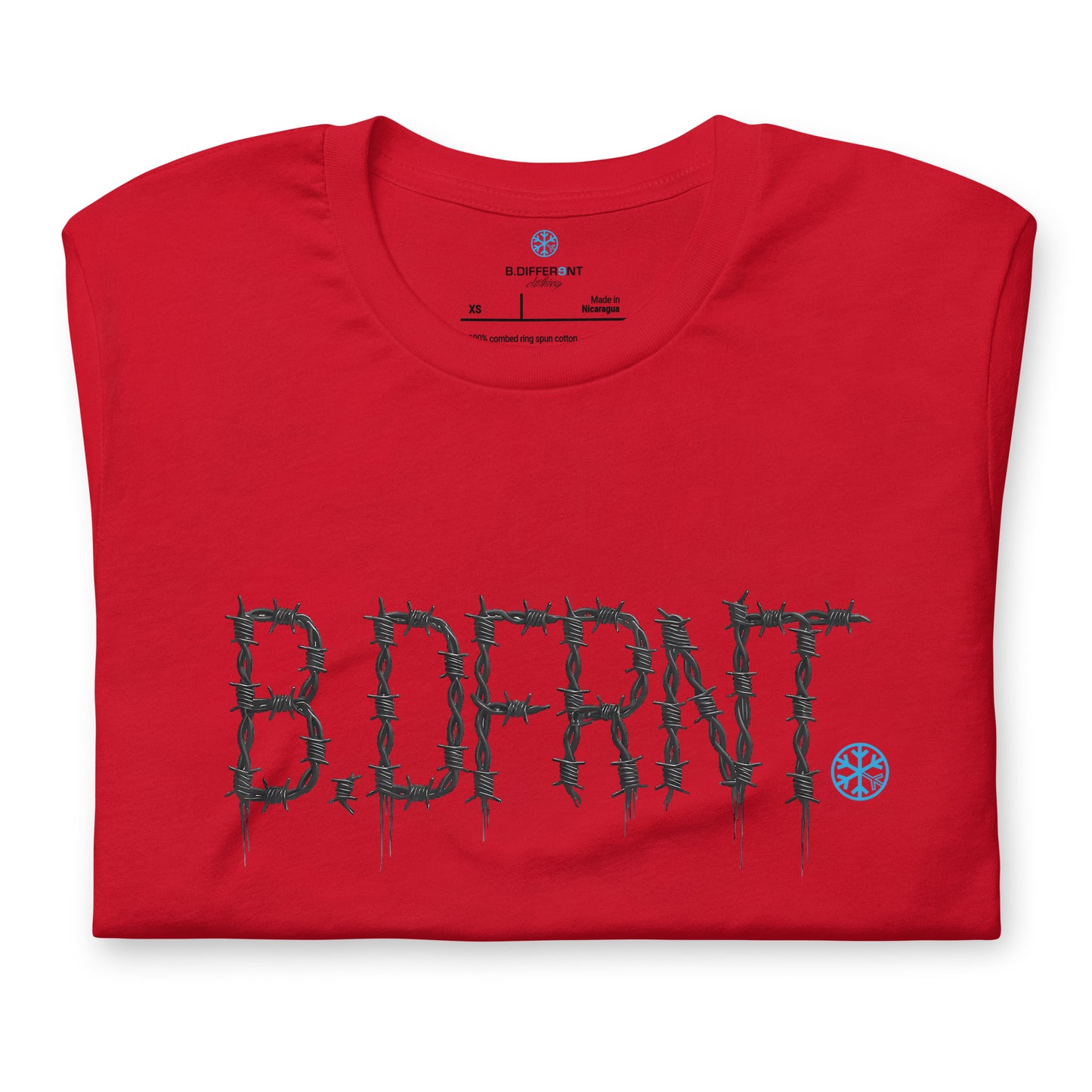Red-B.DFRNT Barbed Wire Tee from B.Different Clothing, folded, graffiti-inspired streetwear t-shirt