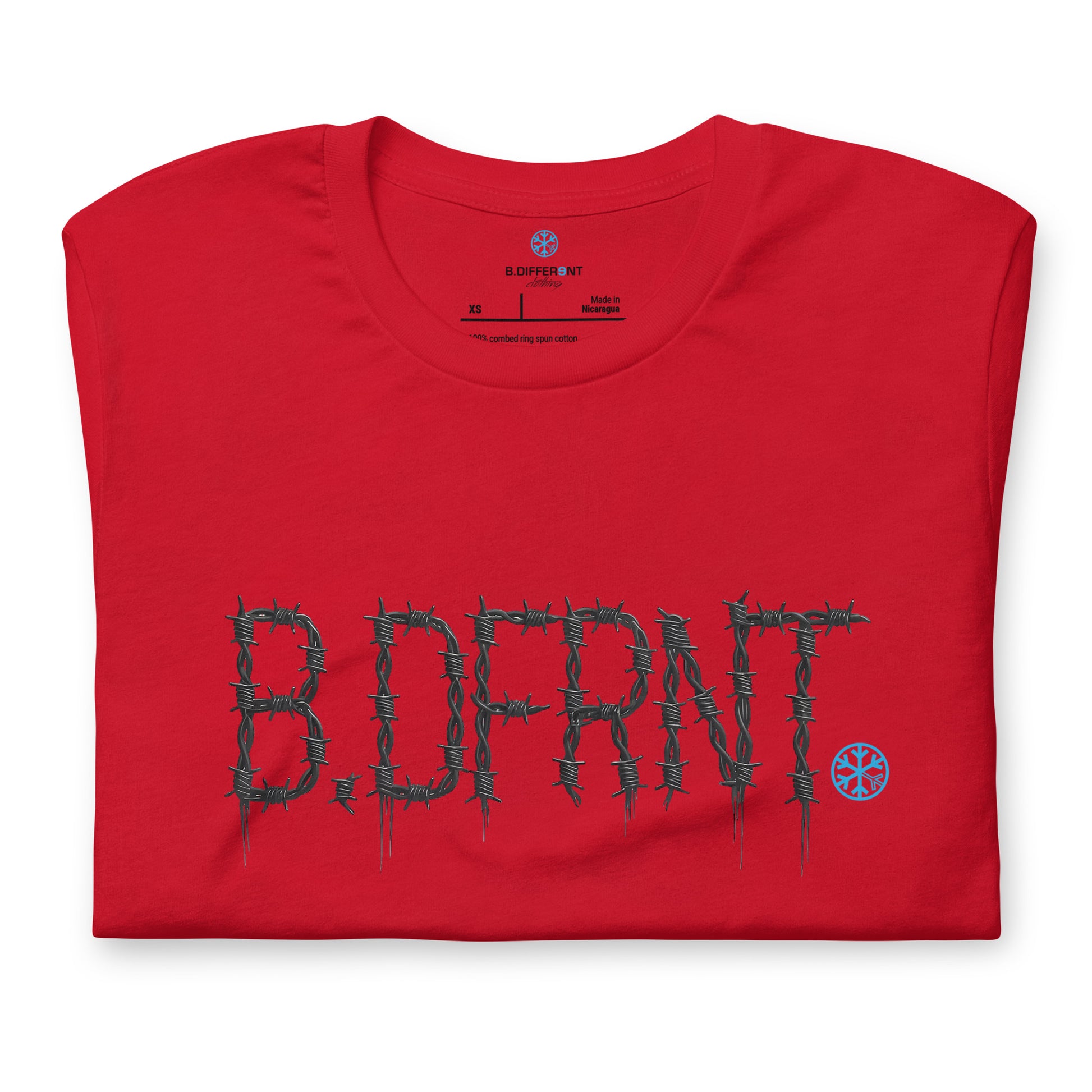 Red-B.DFRNT Barbed Wire Tee from B.Different Clothing, folded, graffiti-inspired streetwear t-shirt