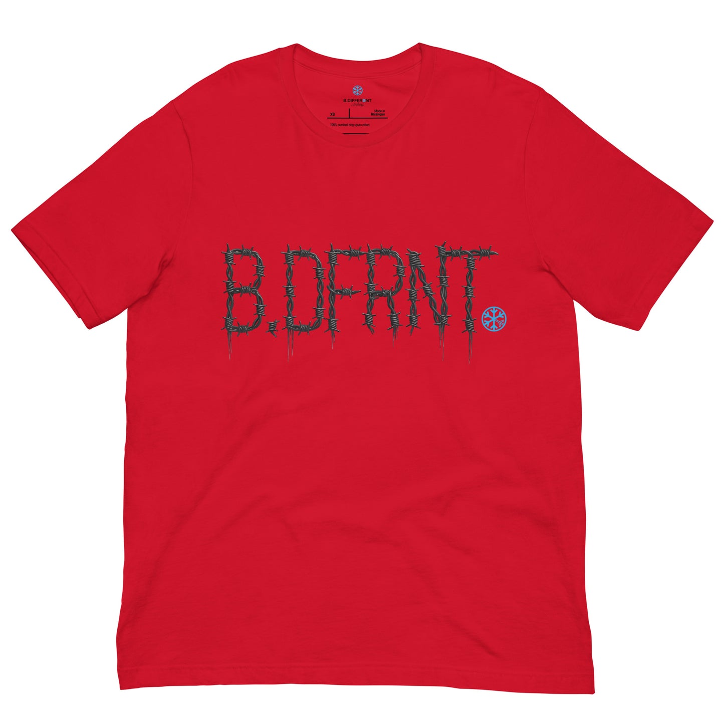 Red-B.DFRNT Barbed Wire Tee from B.Different Clothing, front view, graffiti-inspired streetwear t-shirt