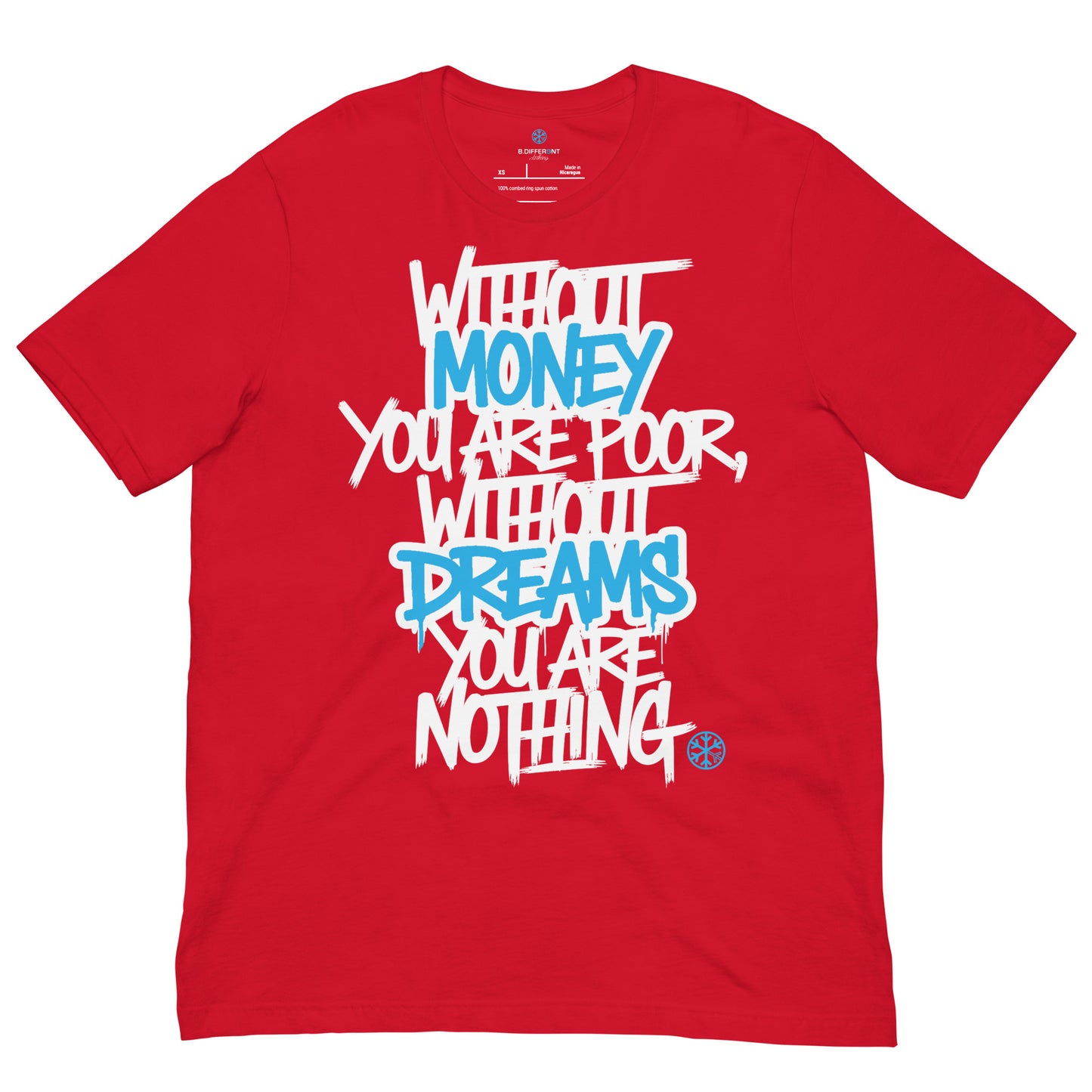Red-Without Dreams You Are Nothing Graffiti Tee from B.Different Clothing, front view, graffiti-inspired streetwear t-shirt