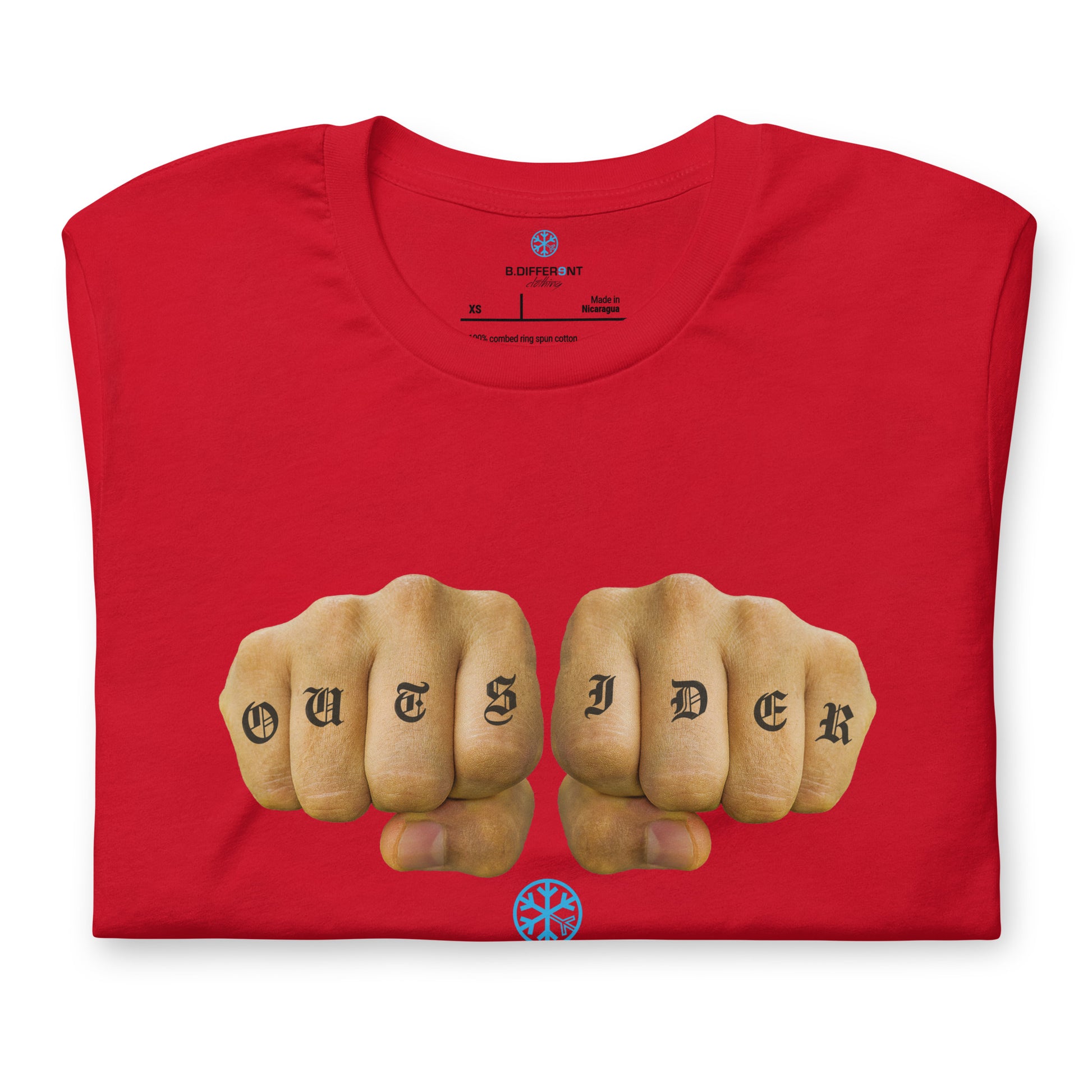 Red-Outsider Tattoo Tee from B.Different Clothing, folded, graffiti-inspired streetwear t-shirt