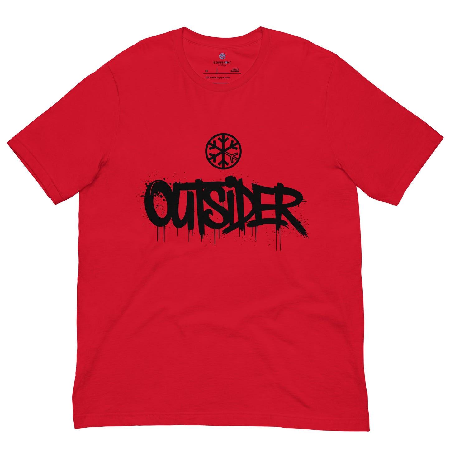 Red-Outsider Graffiti Tag Tee from B.Different Clothing, front view, graffiti-inspired streetwear t-shirt