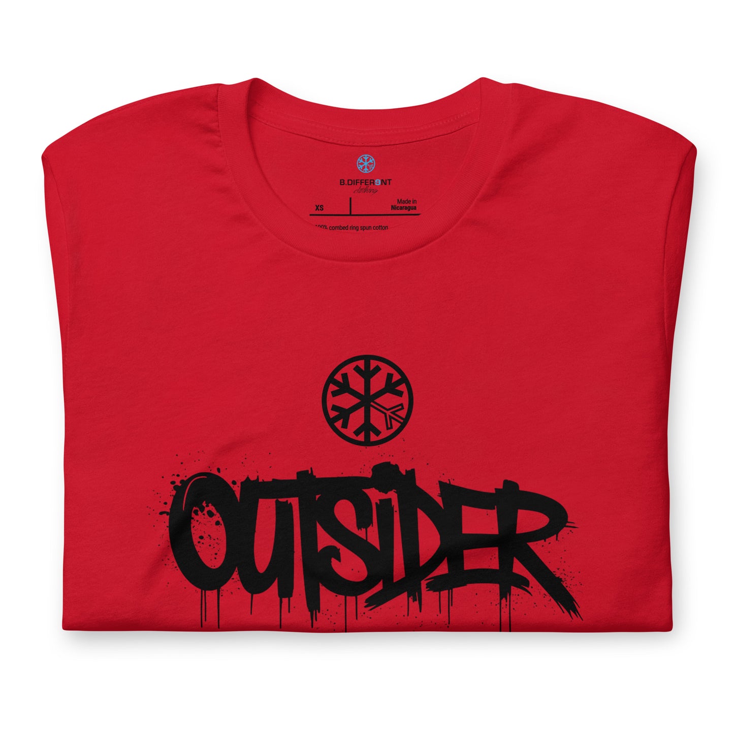 Red-Outsider Graffiti Tag Tee from B.Different Clothing, folded, graffiti-inspired streetwear t-shirt