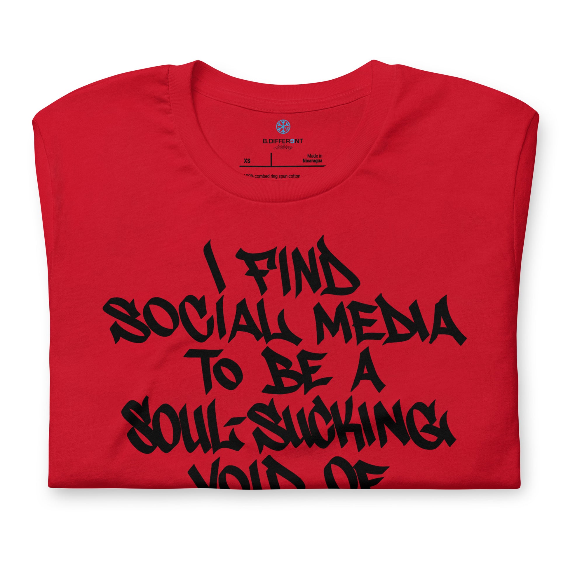 Red-Social Media Graffiti Tag Tee from B.Different Clothing, folded, graffiti-inspired streetwear t-shirt