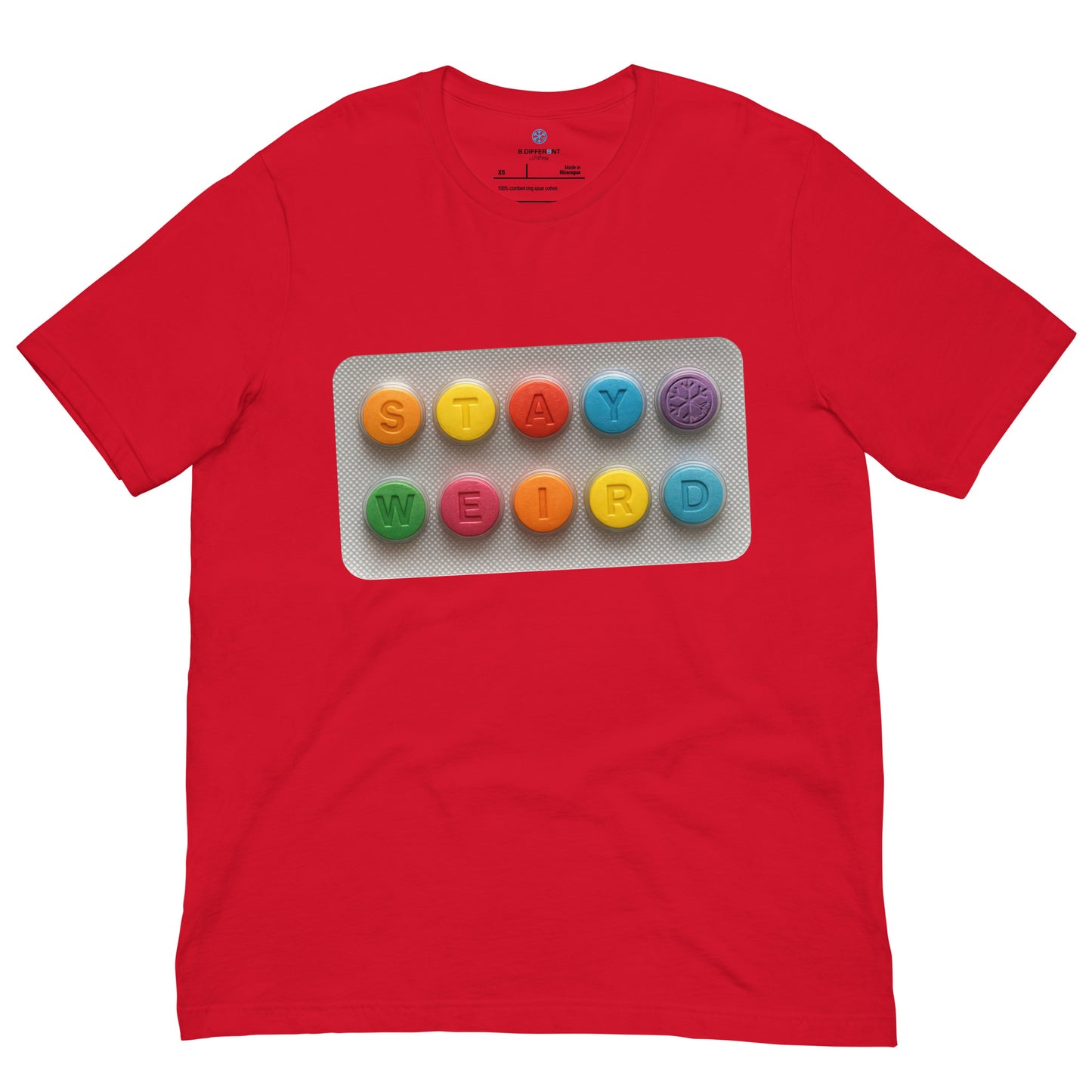 Red-Stay Weird Pills Tee from B.Different Clothing, front view, graffiti-inspired streetwear t-shirt
