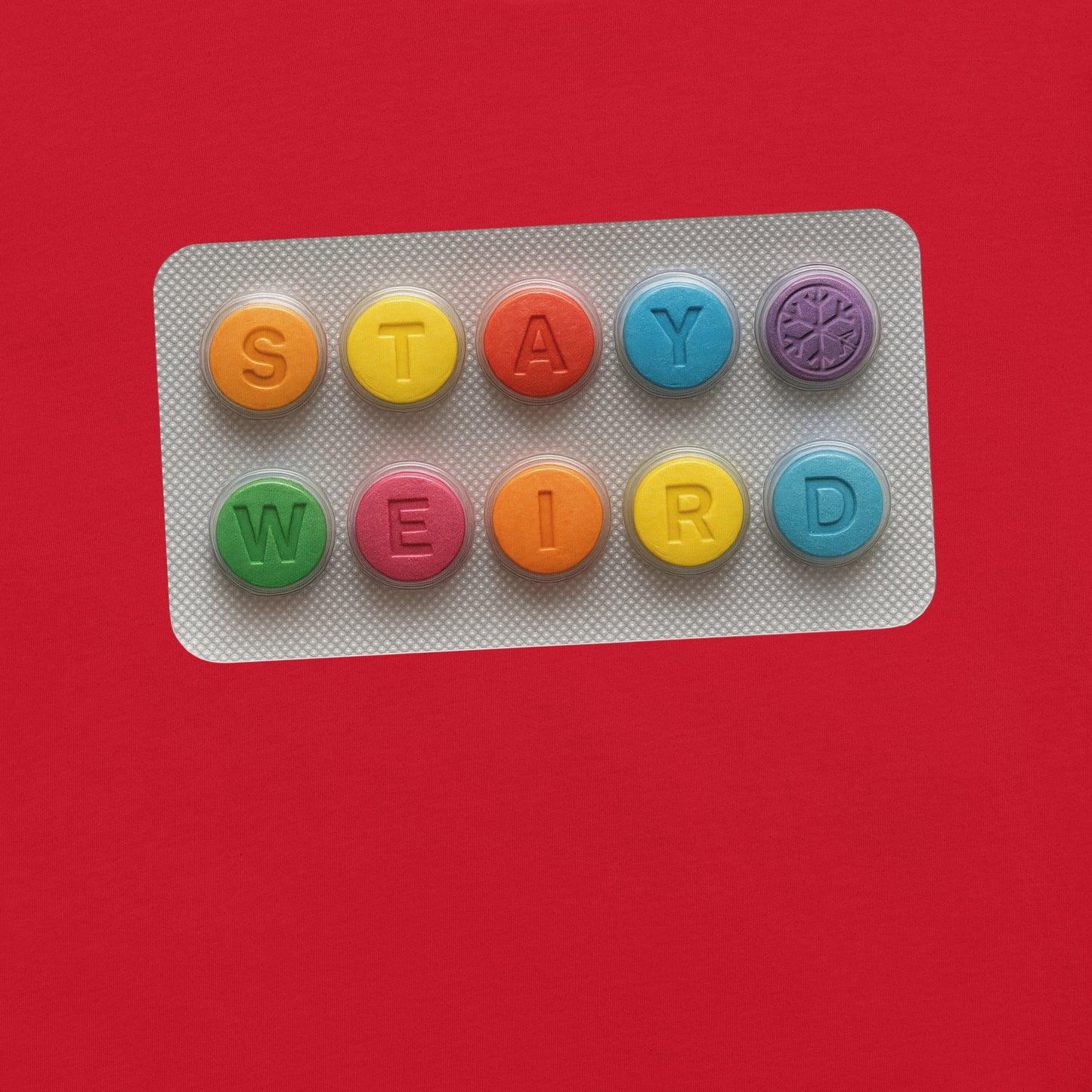Red-Stay Weird Pills Tee from B.Different Clothing, graphic, graffiti-inspired streetwear t-shirt